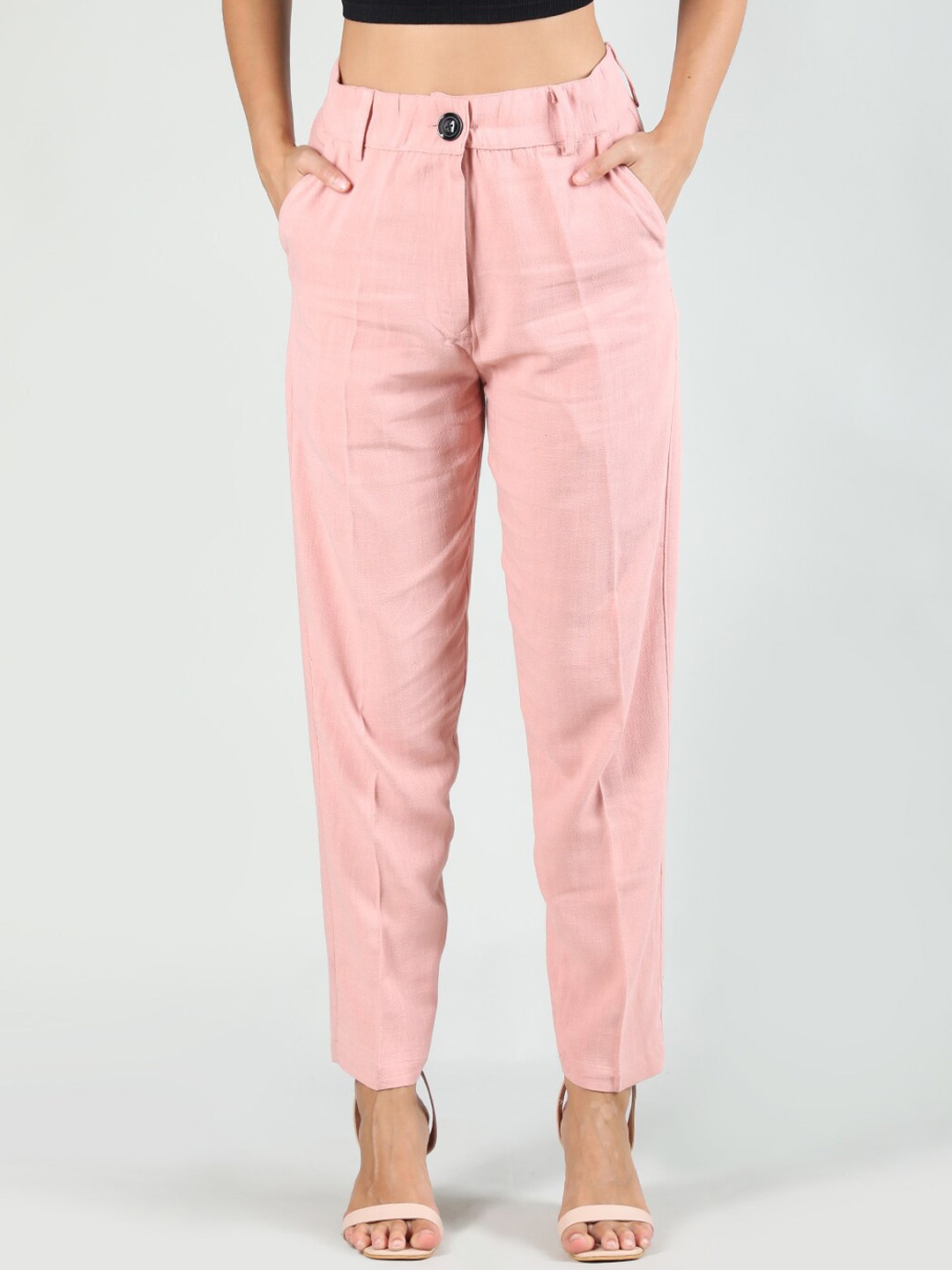 

CHKOKKO Women Mid-Rise Easy Wash Linen Formal Trousers, Peach