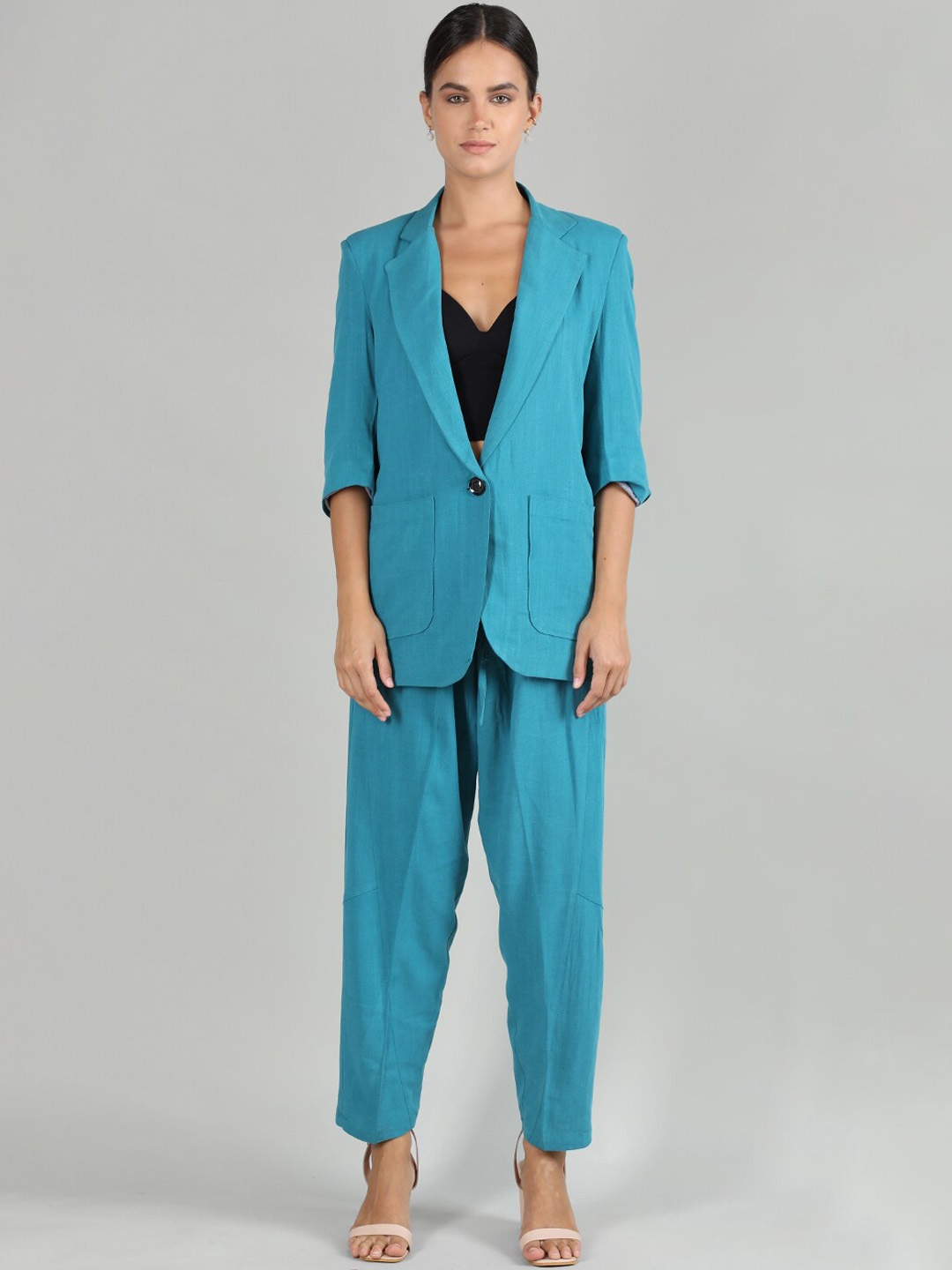 

CHKOKKO Notched Lapel Collar Single-Breasted Linen Two-Piece Suit, Blue