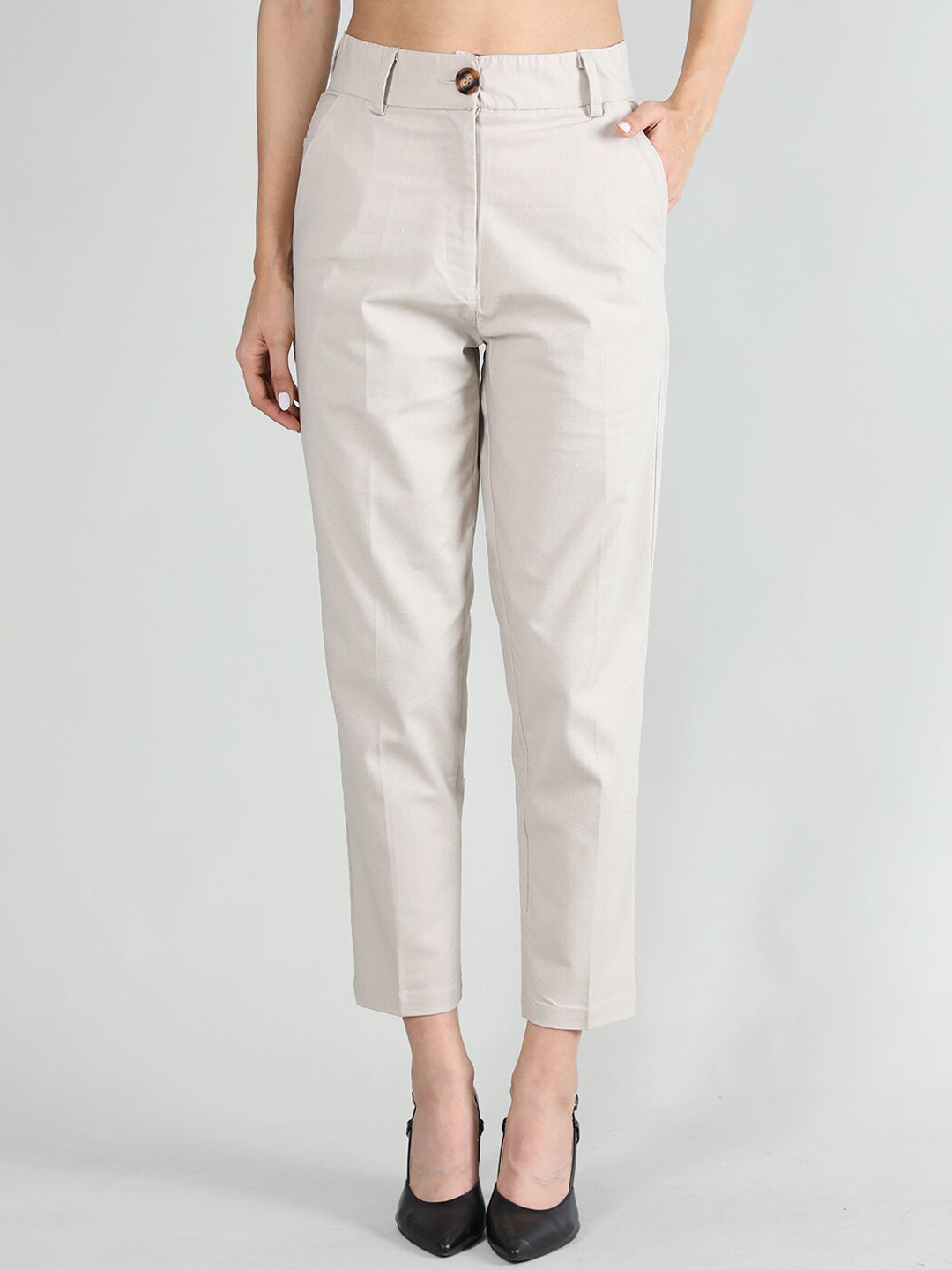 

CHKOKKO Women Mid-Rise Easy Wash Linen Formal Trousers, Beige