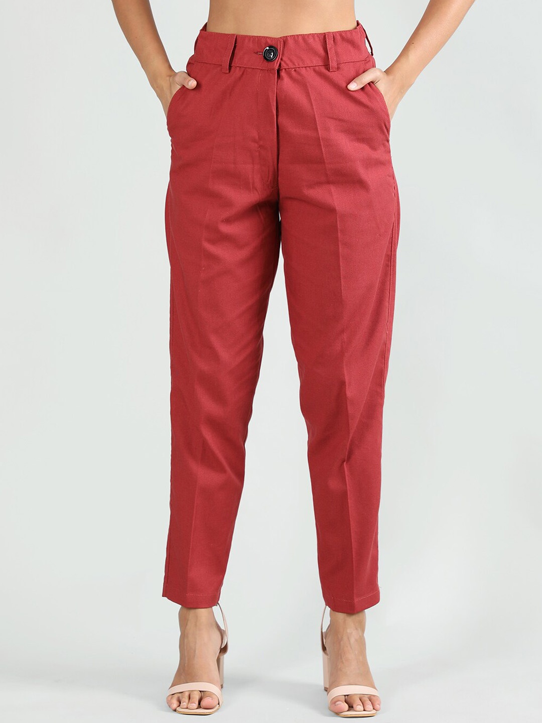 

CHKOKKO Women Mid-Rise Easy Wash Linen Formal Trousers, Maroon