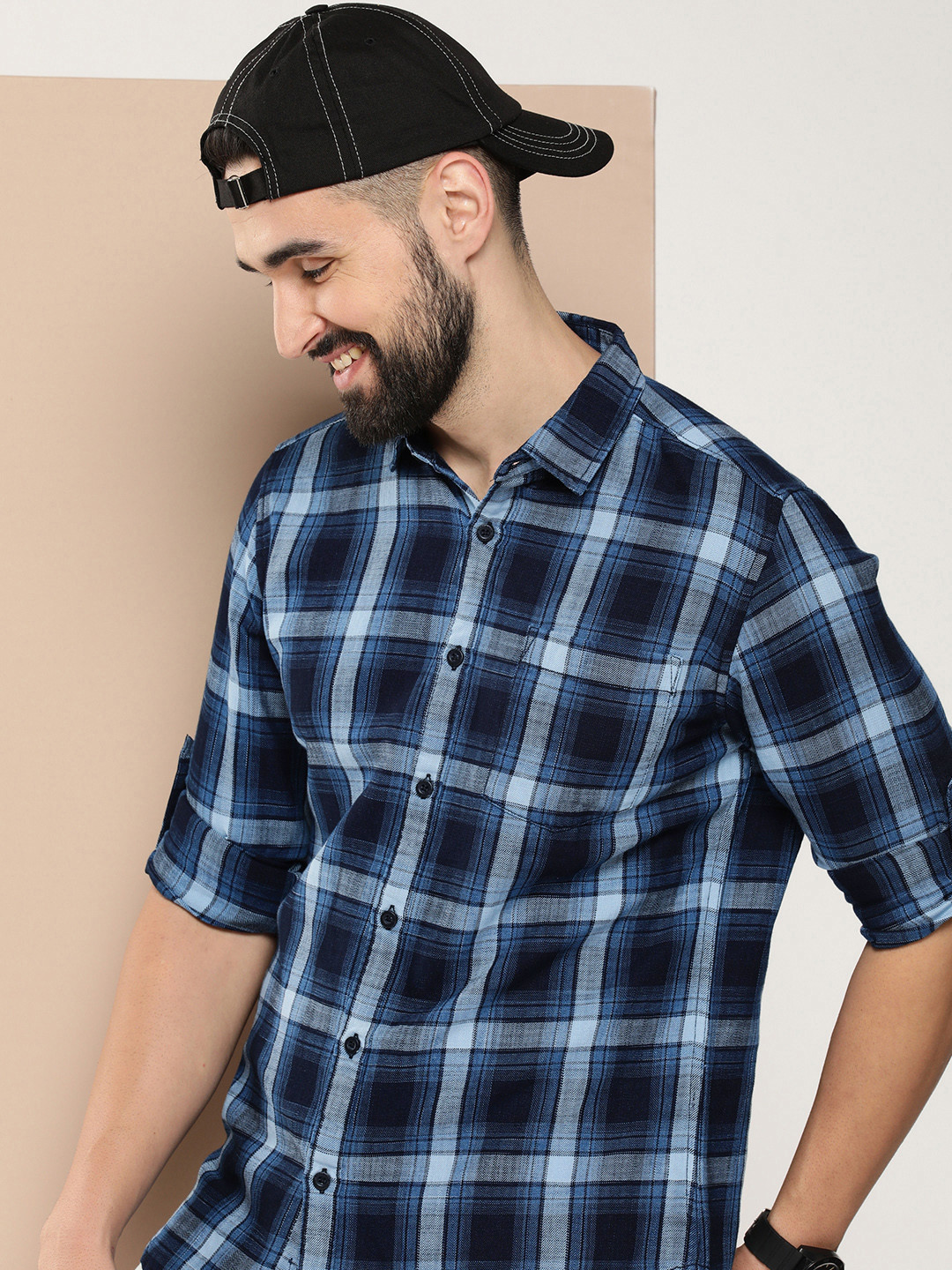 

HERE&NOW Men Slim Fit Opaque Checked Casual Shirt, Navy blue