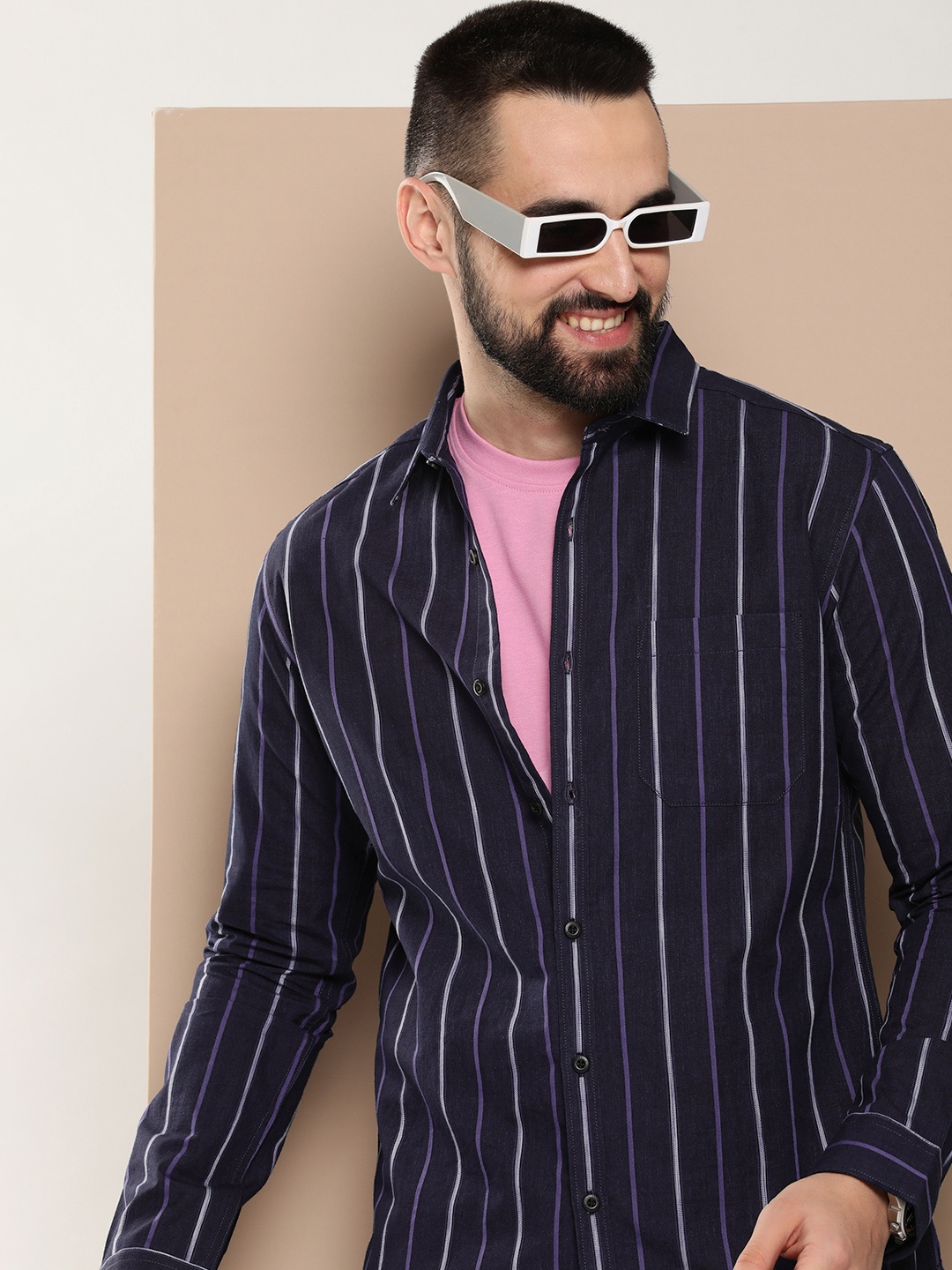 

HERE&NOW Men Slim Fit Opaque Striped Casual Shirt, Navy blue