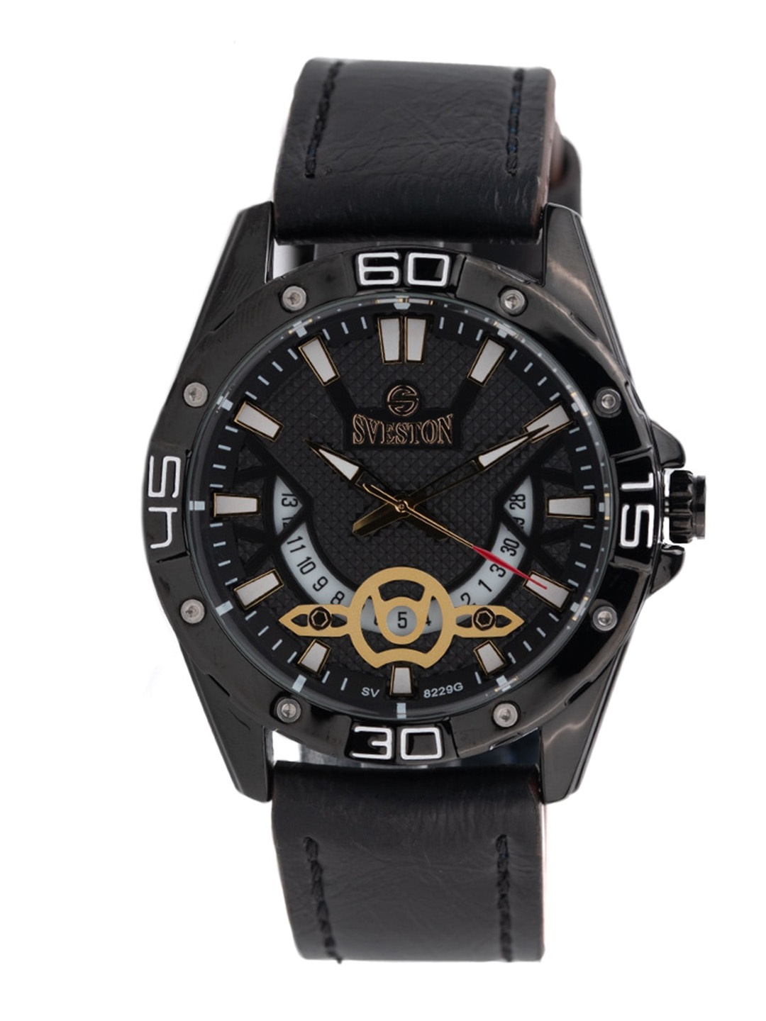 

SVESTON Men Textured Dial & Leather Straps Analogue Watch SV-8229GB3, Black