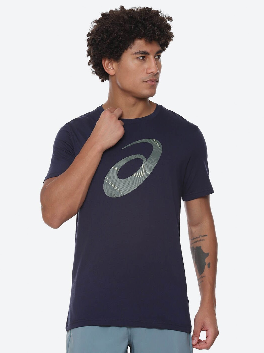 

ASICS Seasonal Graphic Brand Logo Printed Round Neck Cotton T-Shirt, Navy blue