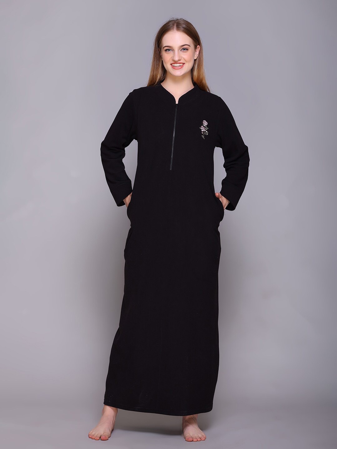 

Aerowarm High Neck Embroidered Maxi Nightdress, Black