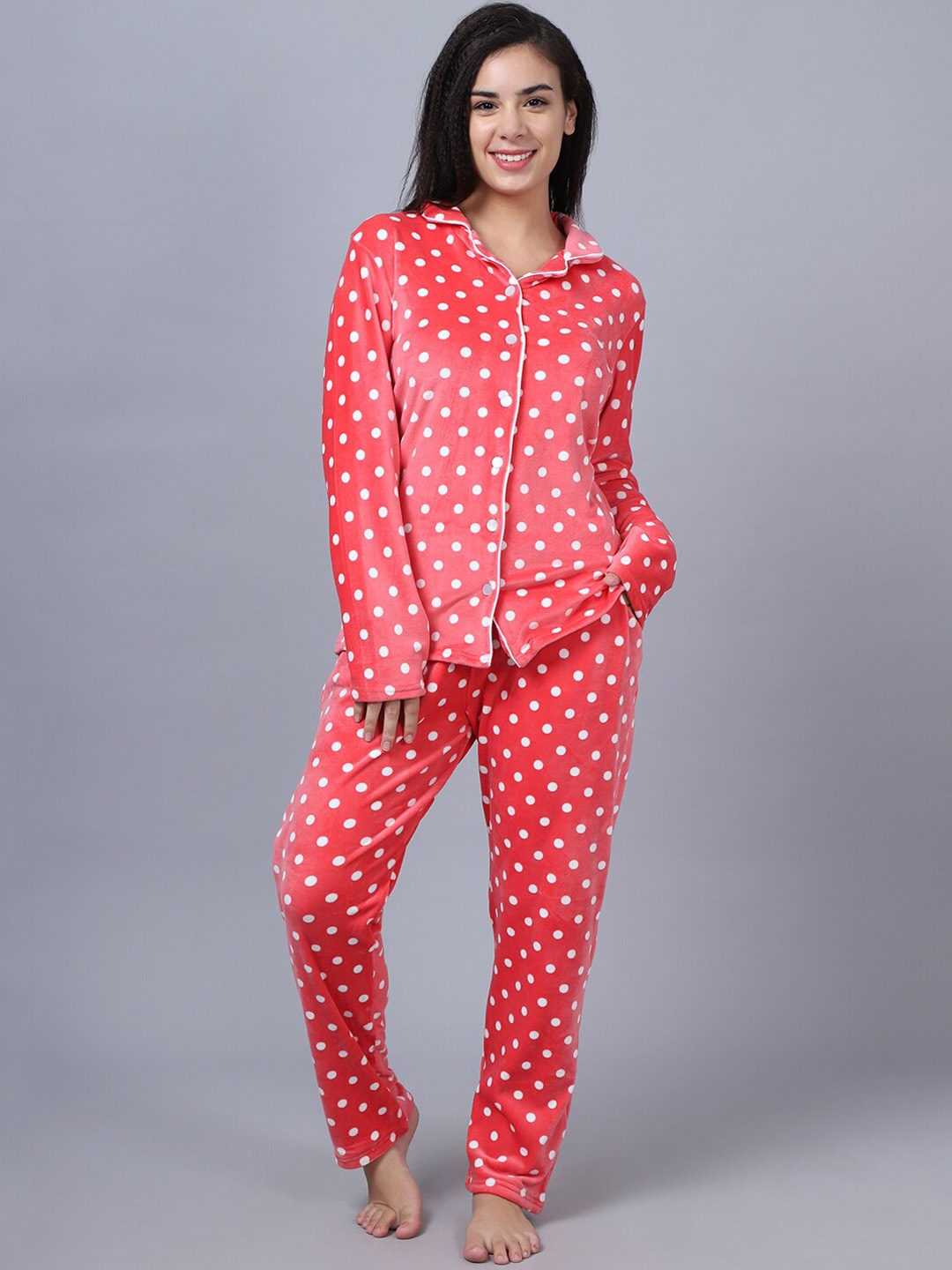 

Aerowarm Polka Dots Printed Shirt and Pyjamas, Coral