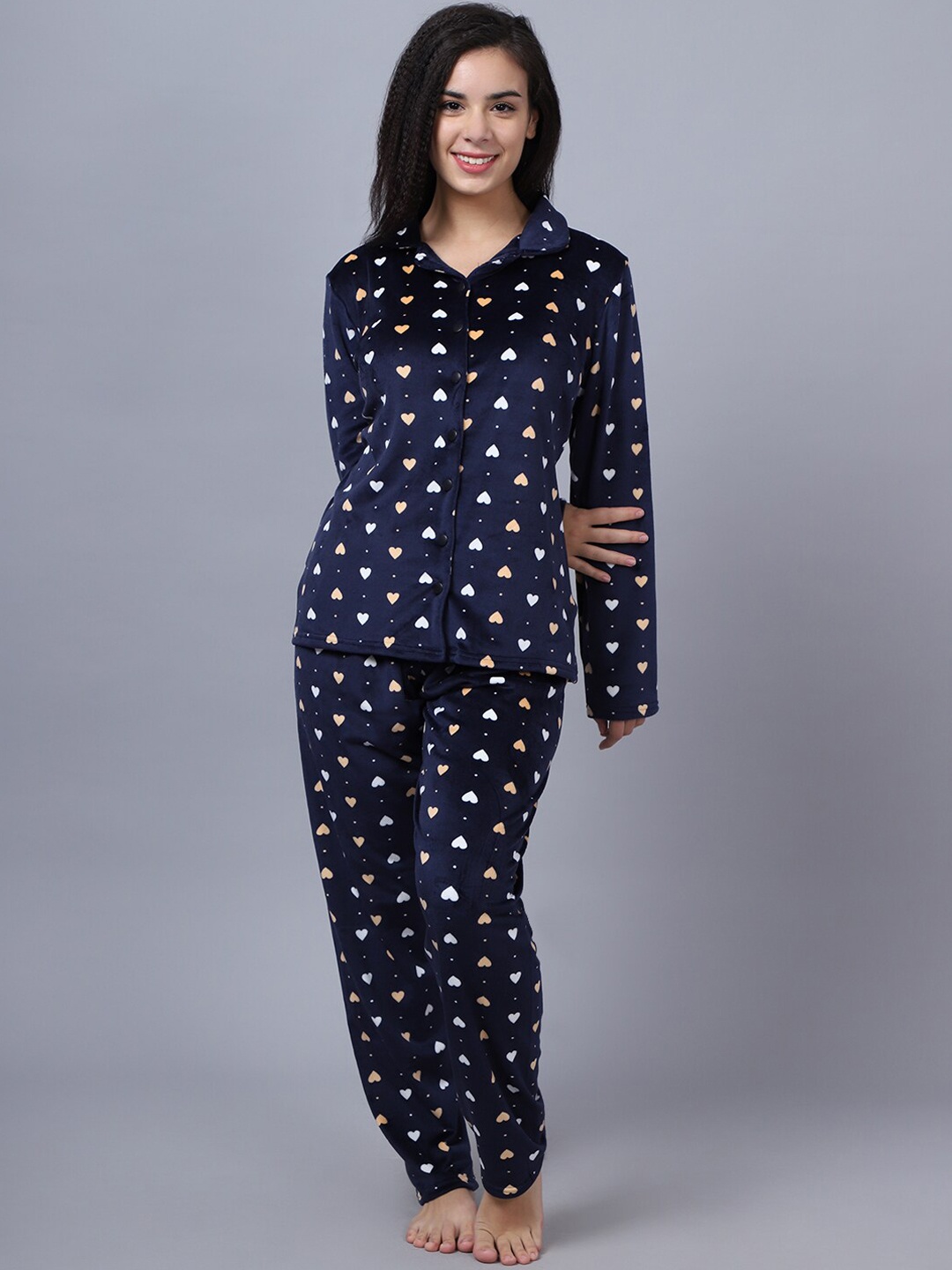 

Aerowarm Printed Velvet Shirt And Pyjamas Night Suit, Navy blue