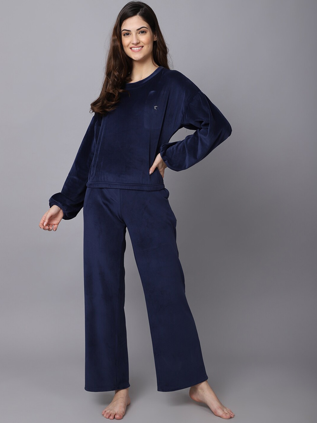 

Aerowarm Round Neck Puff Sleeve Night Suit, Navy blue