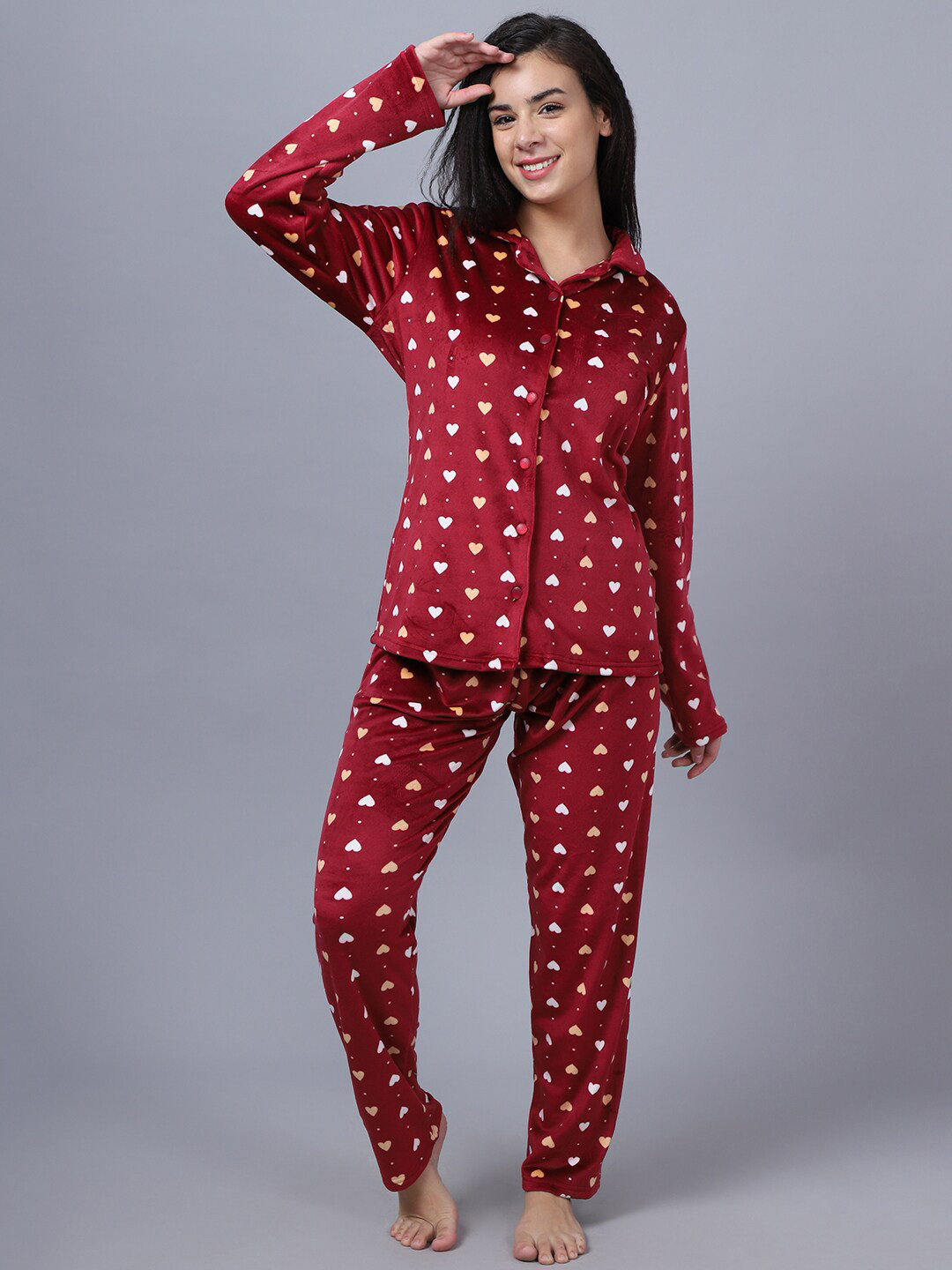 

Aerowarm Conversational Print Lapel Collar Long Sleeve Night Suit, Maroon