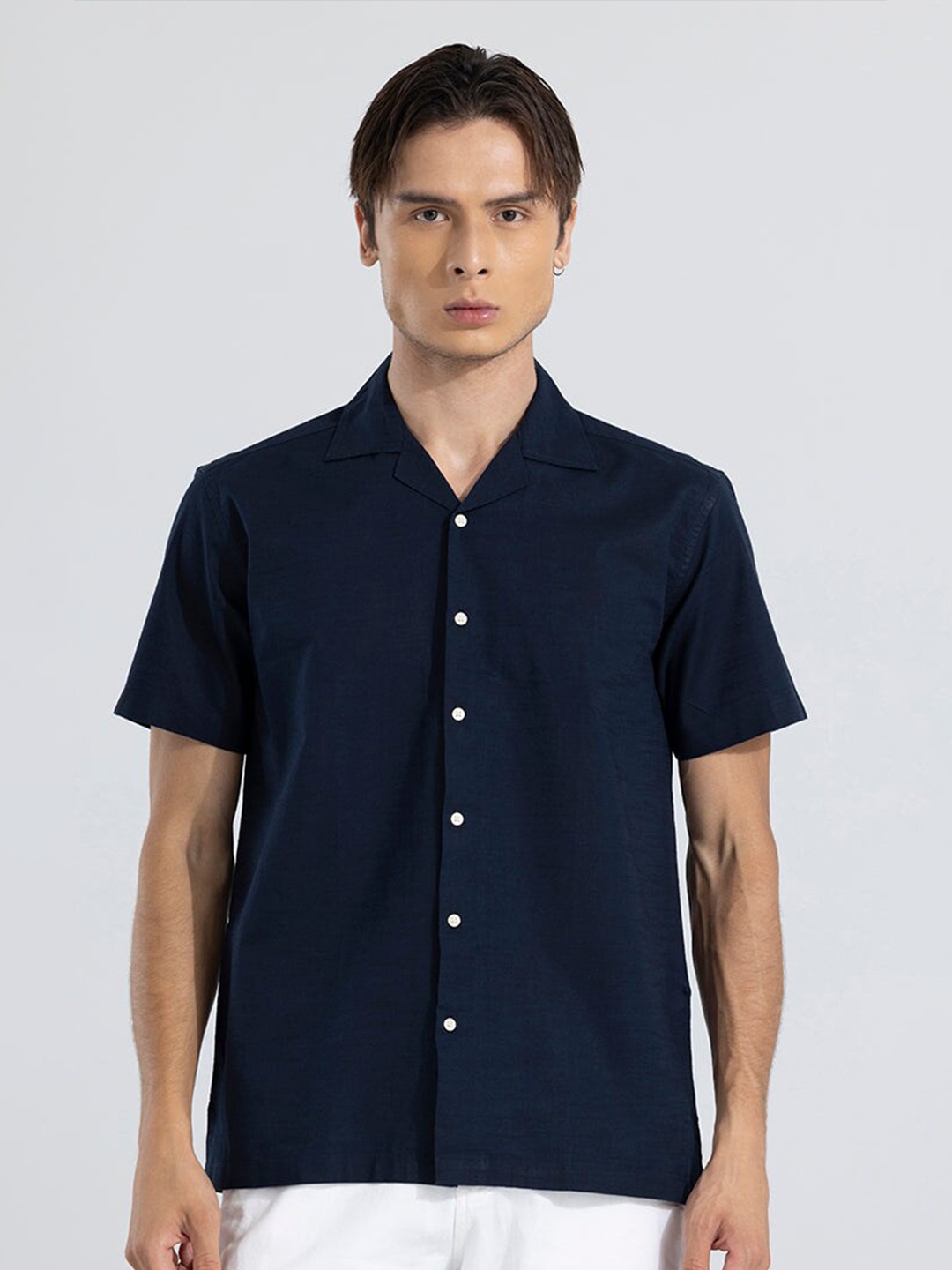 

Snitch Navy Blue Classic Boxy Cuban Collar Cotton Linen Casual Shirt