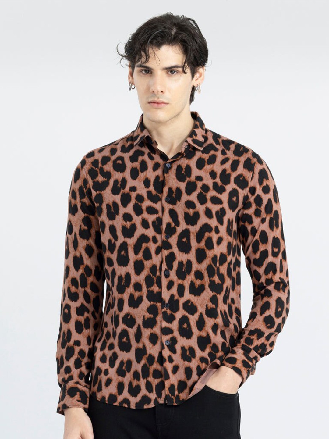 

Snitch Classic Slim Fit Animal Printed Casual Shirt, Brown