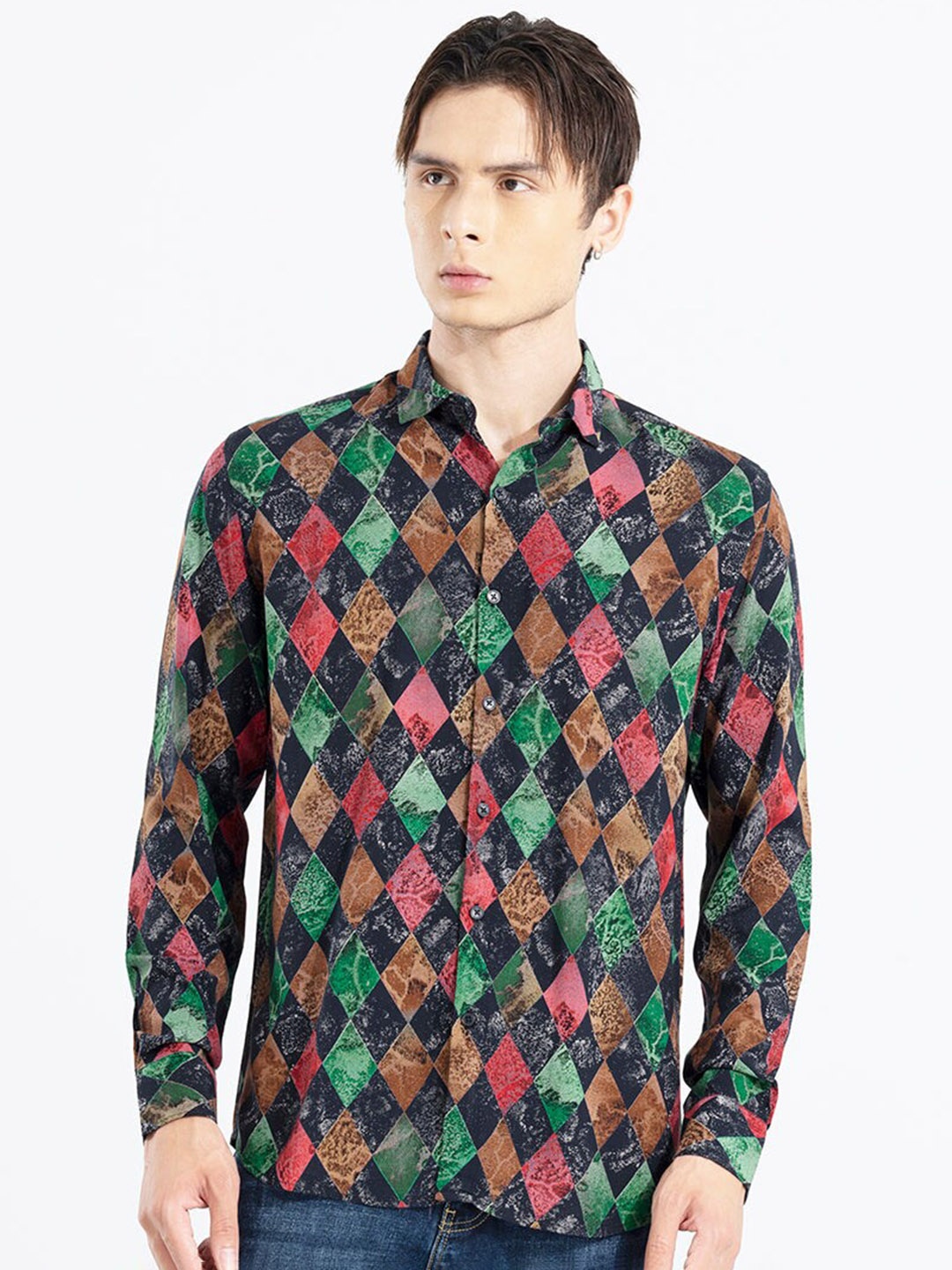 

Snitch Classic Slim Fit Geometric Printed Casual Shirt, Green