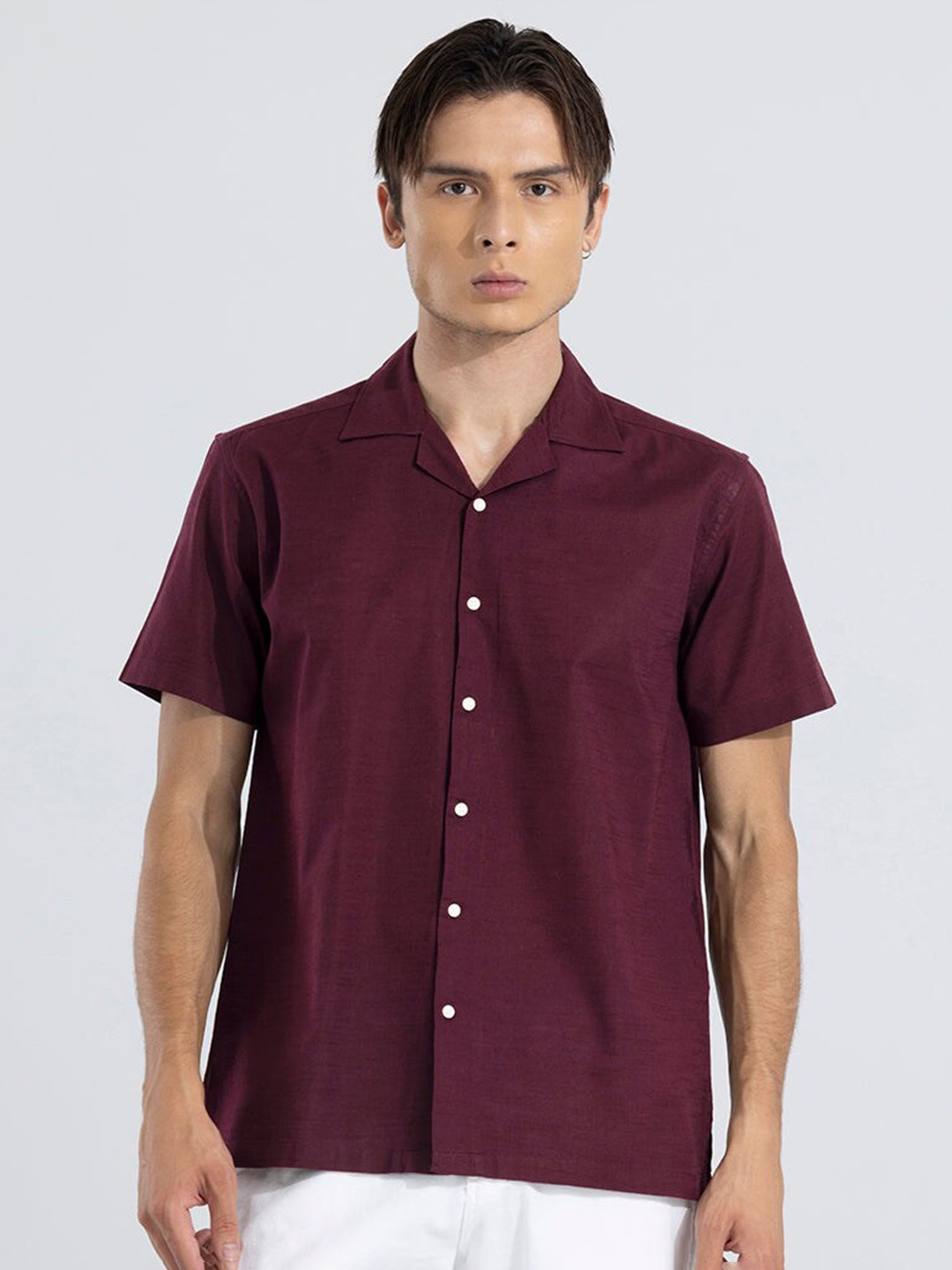 

Snitch Classic Cuban Collar Opaque Boxy Fit Casual Shirt, Maroon