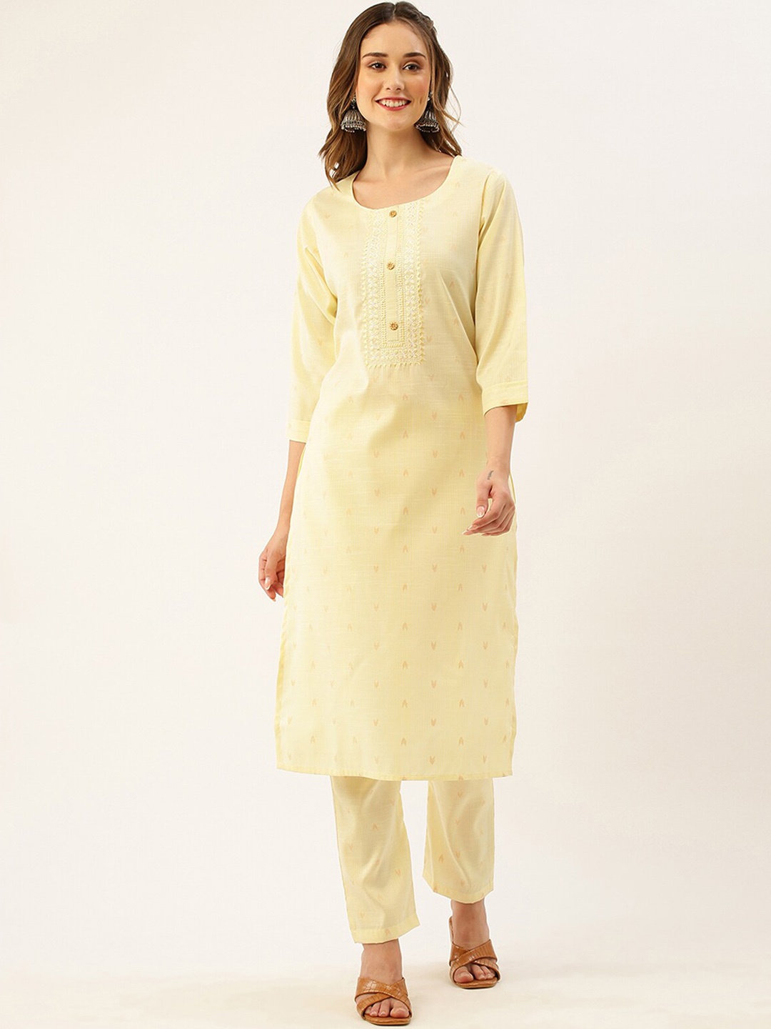 

ODETTE Ethnic Motifs Embroidered Straight Kurta with Trousers, Yellow