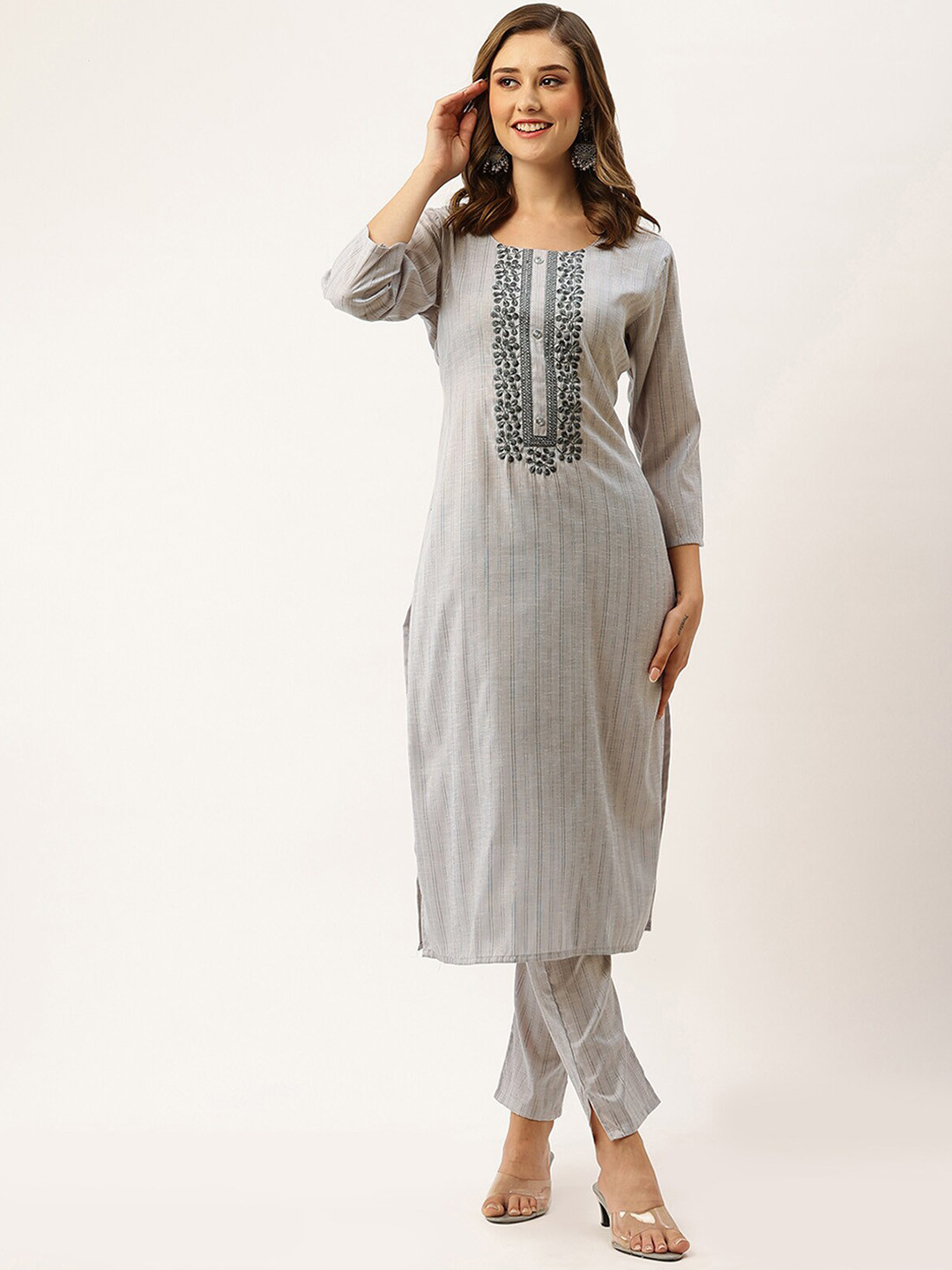 

ODETTE Ethnic Motifs Yoke Design Thread Work Straight Kurta with Trousers, Grey