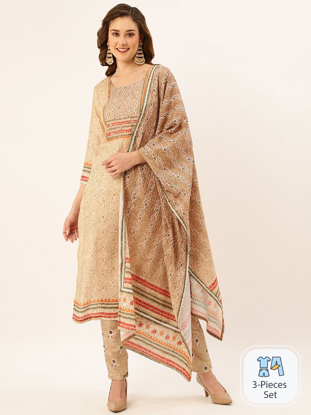 

ODETTE Ethnic Motifs Printed Sequined Linen Kurta with Trousers & Dupatta, Beige