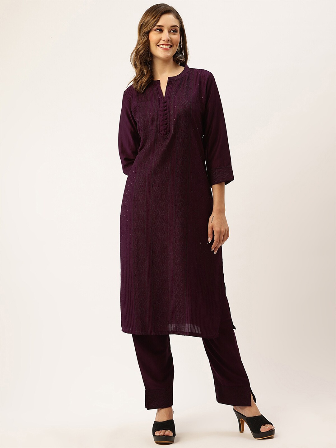 

ODETTE Ethnic Motifs Embroidered Sequined Chanderi Silk Kurta with Trousers, Purple