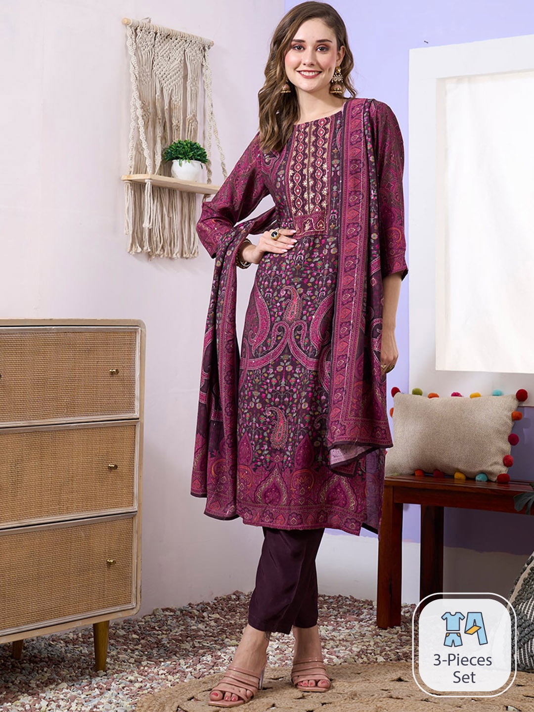 

ODETTE Ethnic Motifs Printed Sequinned Detail Straight Kurta & Trousers With Dupatta, Purple