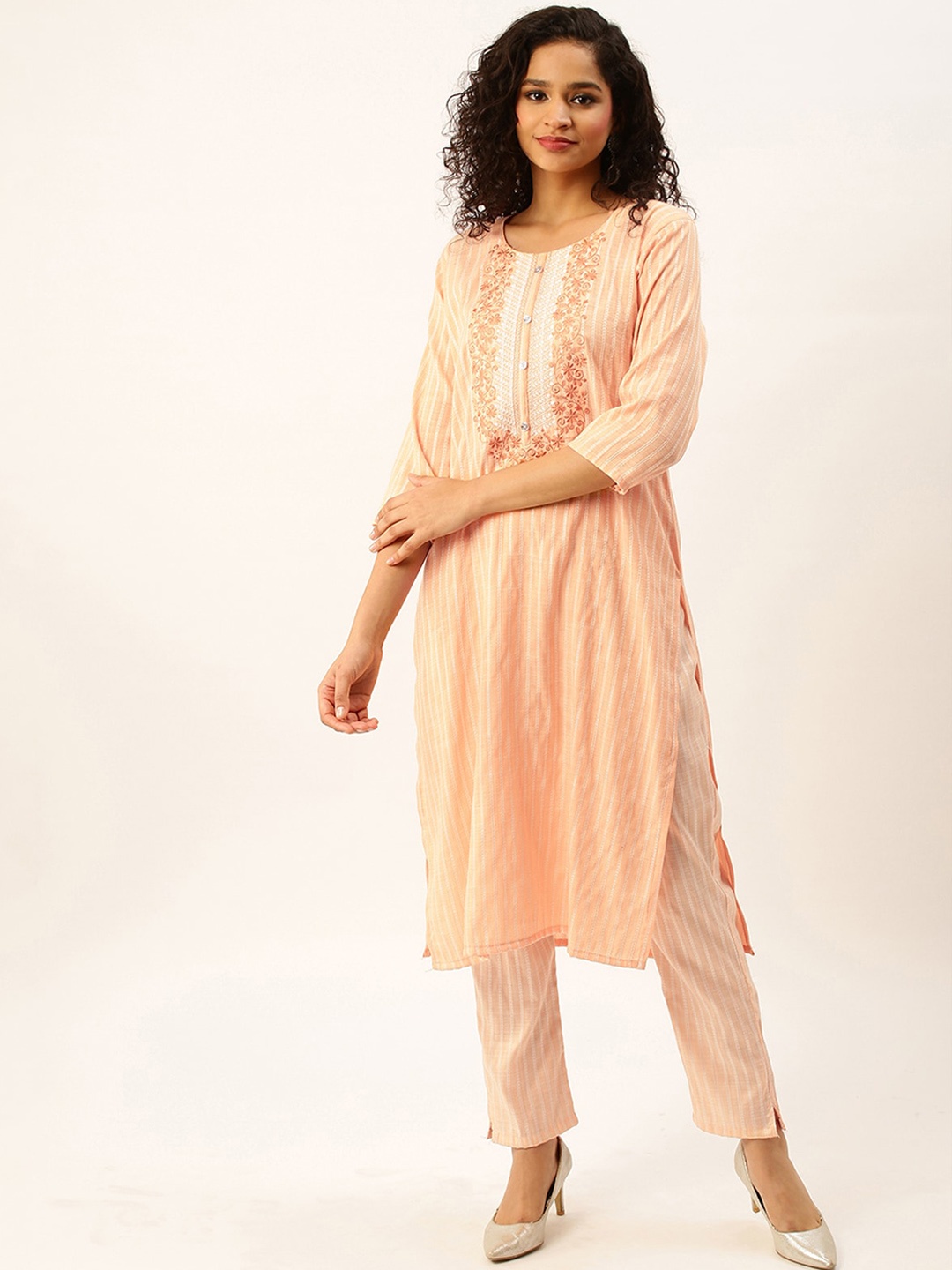 

ODETTE Striped Thread Work Straight Kurta with Trouser, Peach