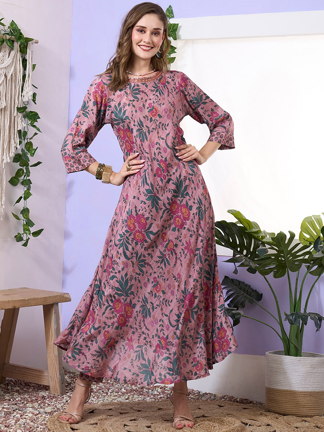 

ODETTE Floral Printed Sequinned Detail A-Line Kurta with Trousers, Pink