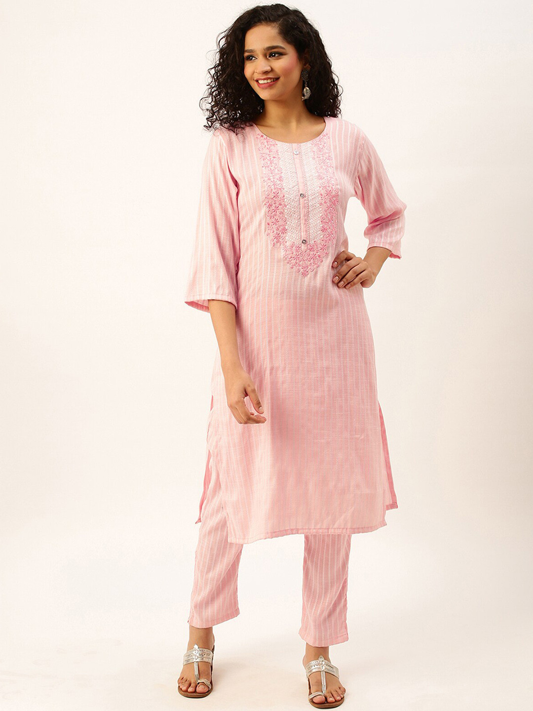 

ODETTE Floral Embroidered Regular Kurta With Trousers, Pink