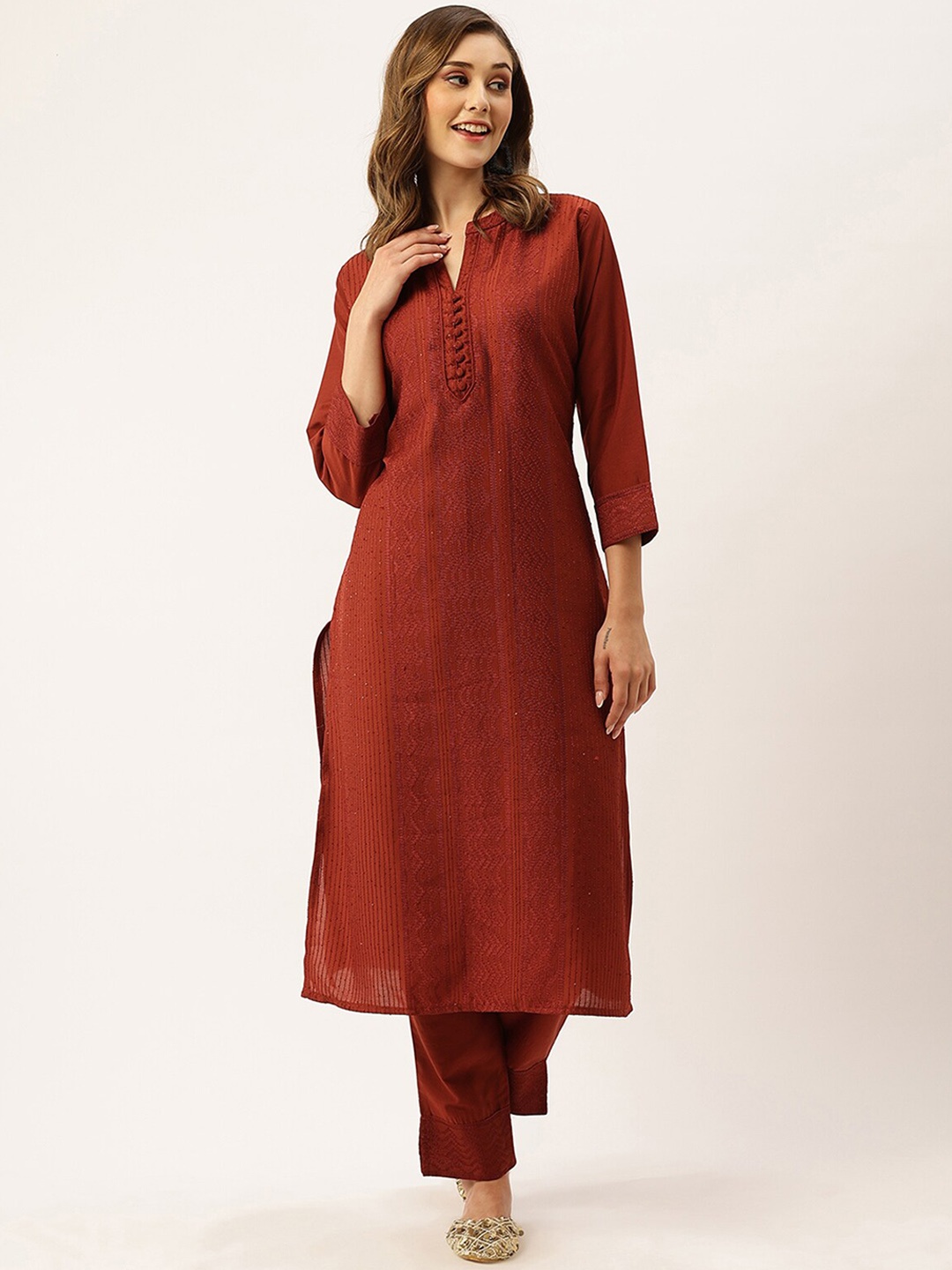 

ODETTE Ethnic Motifs Embroidered Regular Kurta With Trousers, Rust