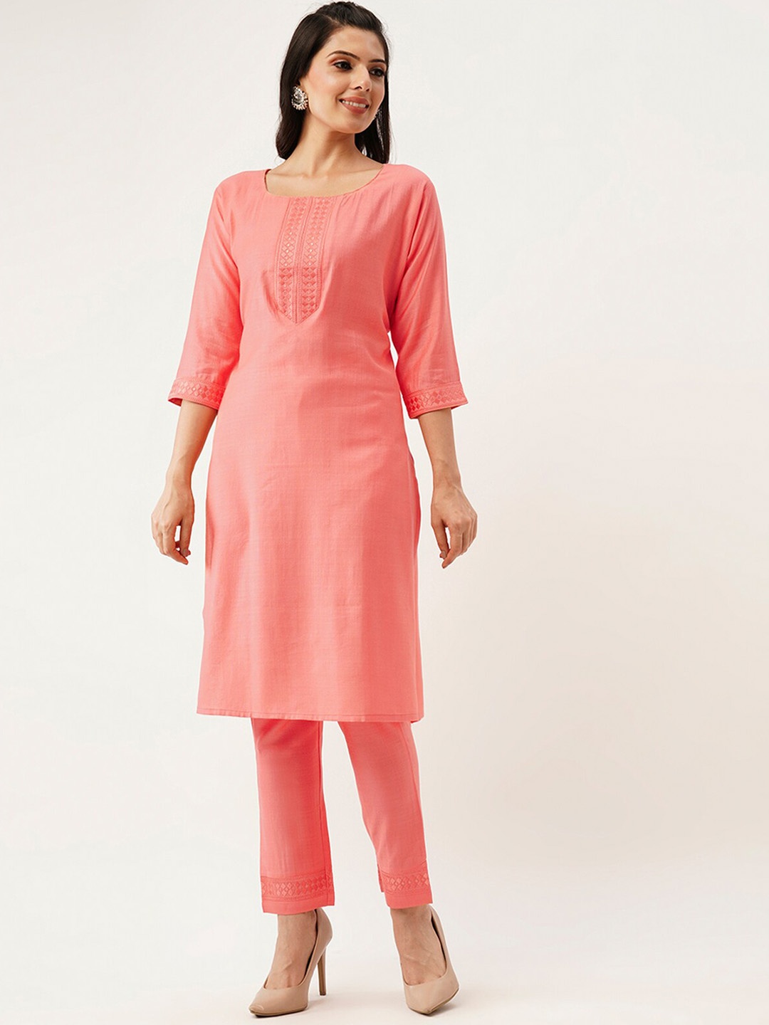 

ODETTE Ethnic Motif Yoke Design Regular Thread Work Kurta With Trousers, Pink