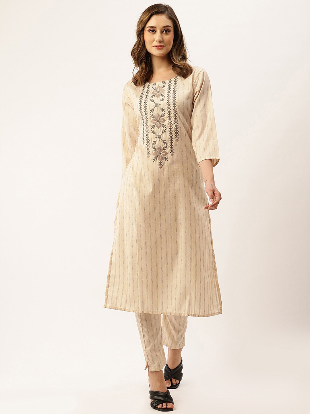 

ODETTE Ethnic Motifs Embroidered Regular Kurta With Trousers, Beige