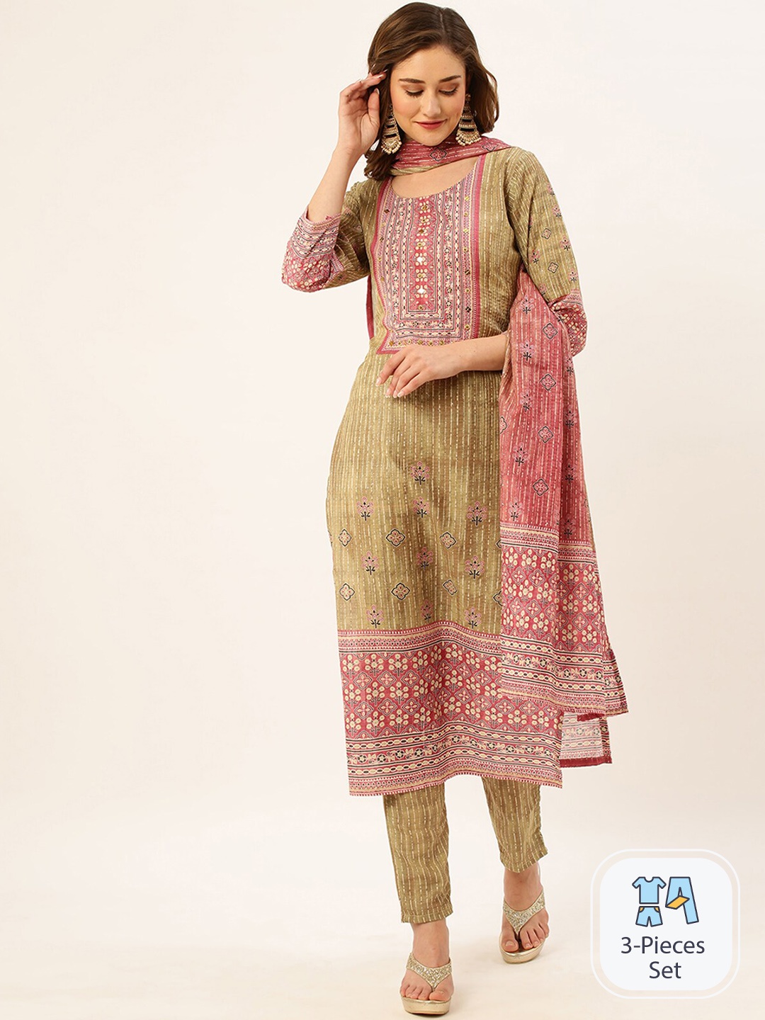 

ODETTE Ethnic Motif Printed Regular Kurta With Trousers & Dupatta, Olive