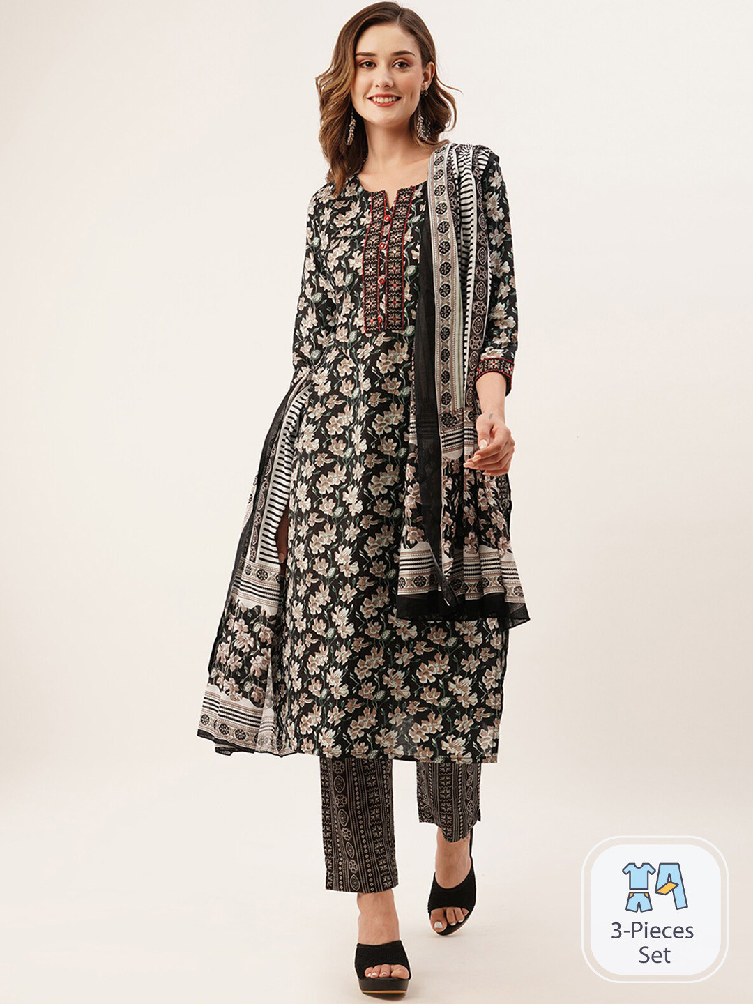 

ODETTE Floral Printed Regular Kurta & Trousers With Dupatta, Black