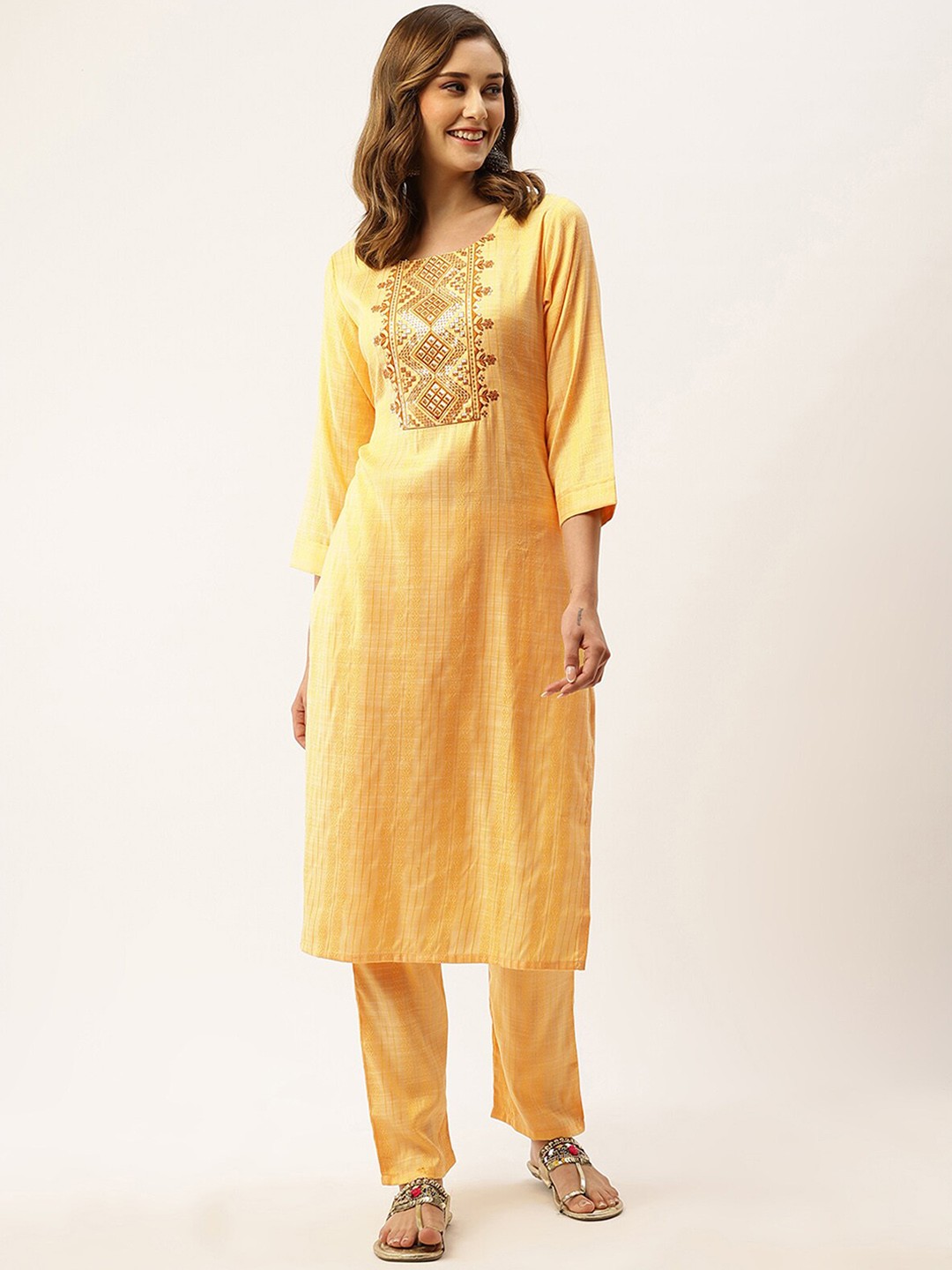 

ODETTE Ethnic Motifs Embroidered Regular Kurta with Trousers, Yellow