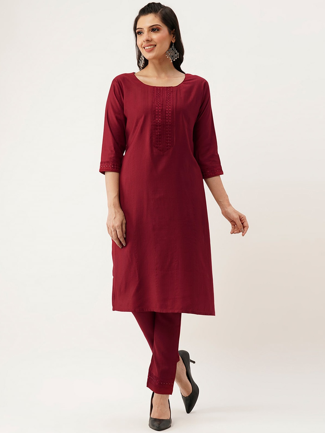 

ODETTE Yoke Design Regular Thread Work Kurta with Trousers, Maroon