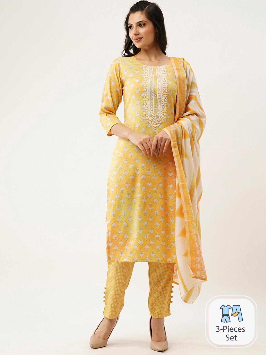 

ODETTE Floral Printed Regular Thread Work Kurta & Trousers With Dupatta, Yellow