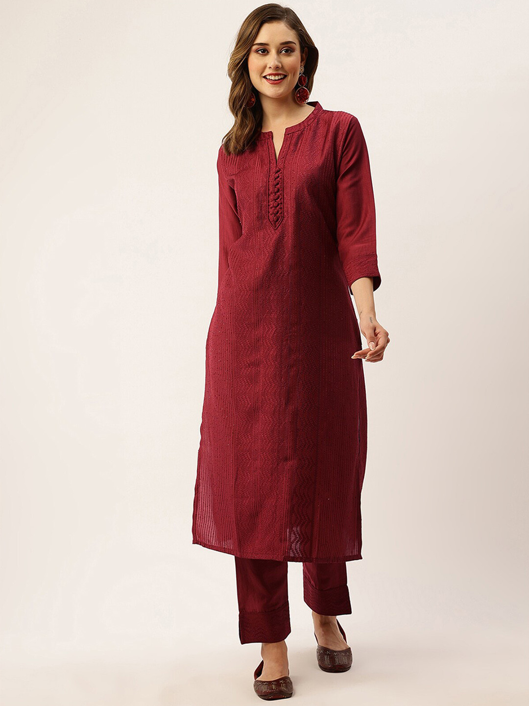 

ODETTE Striped Embroidered Regular Sequinned Kurta with Trousers, Red