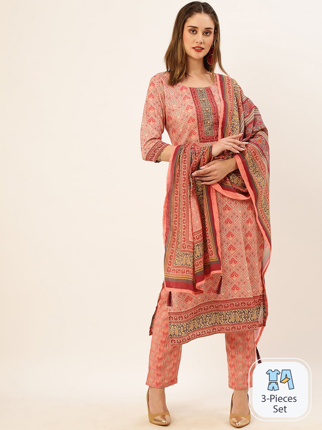 

ODETTE Floral Printed Regular Linen Kurta With Trousers & Dupatta, Peach