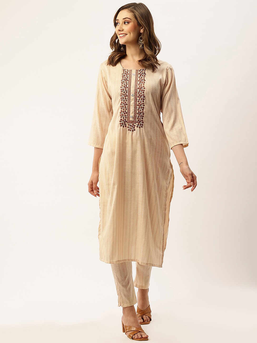 

ODETTE Floral Embroidered Regular Thread Work Kurta With Trousers, Peach