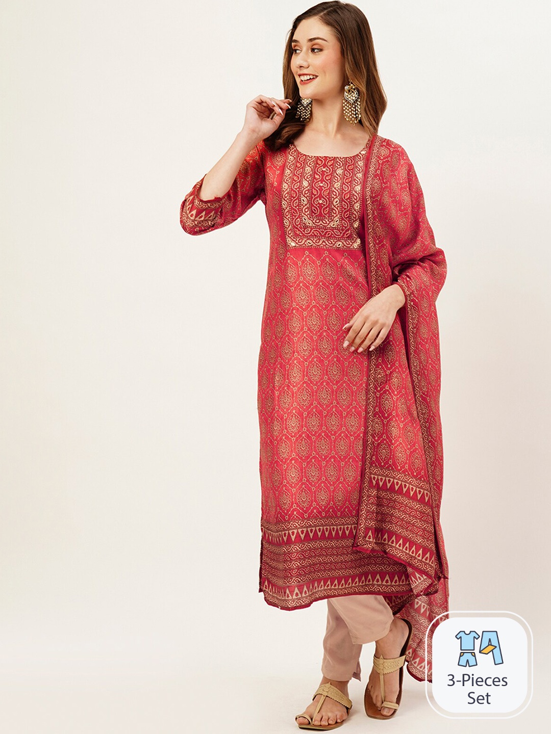 

ODETTE Ethnic Motifs Printed Regular Kurta with Trousers & With Dupatta, Red