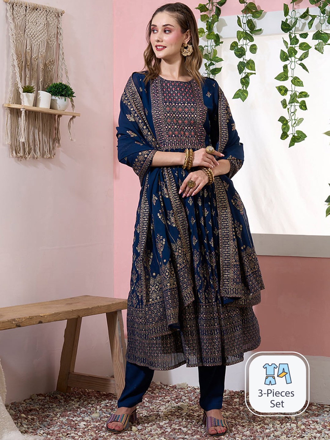 

ODETTE Ethnic Motifs Embroidered Regular Thread Work Kurta With Trousers & Dupatta, Blue