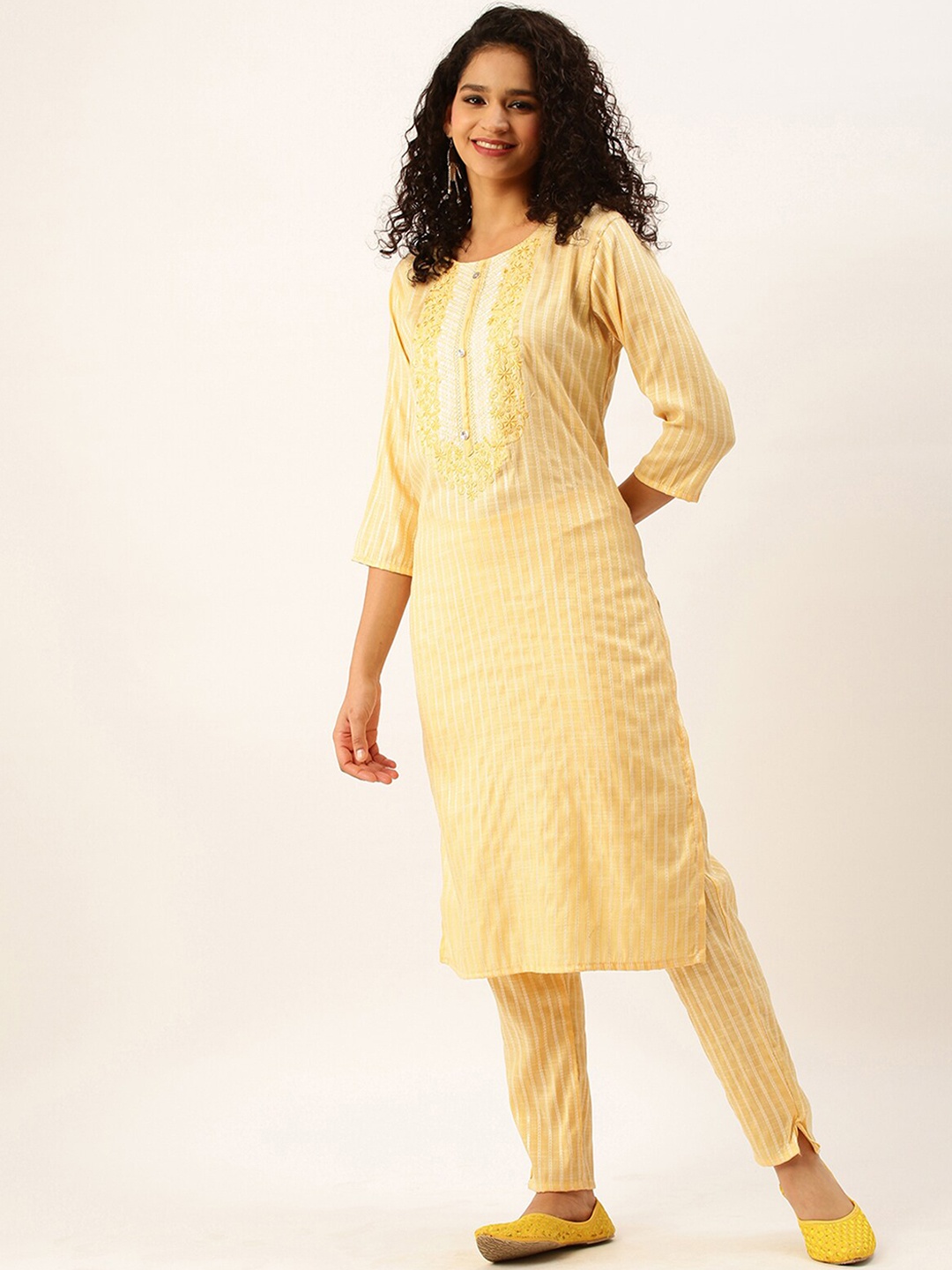 

ODETTE Embroidered Regular Thread Work Kurta with Trousers, Yellow