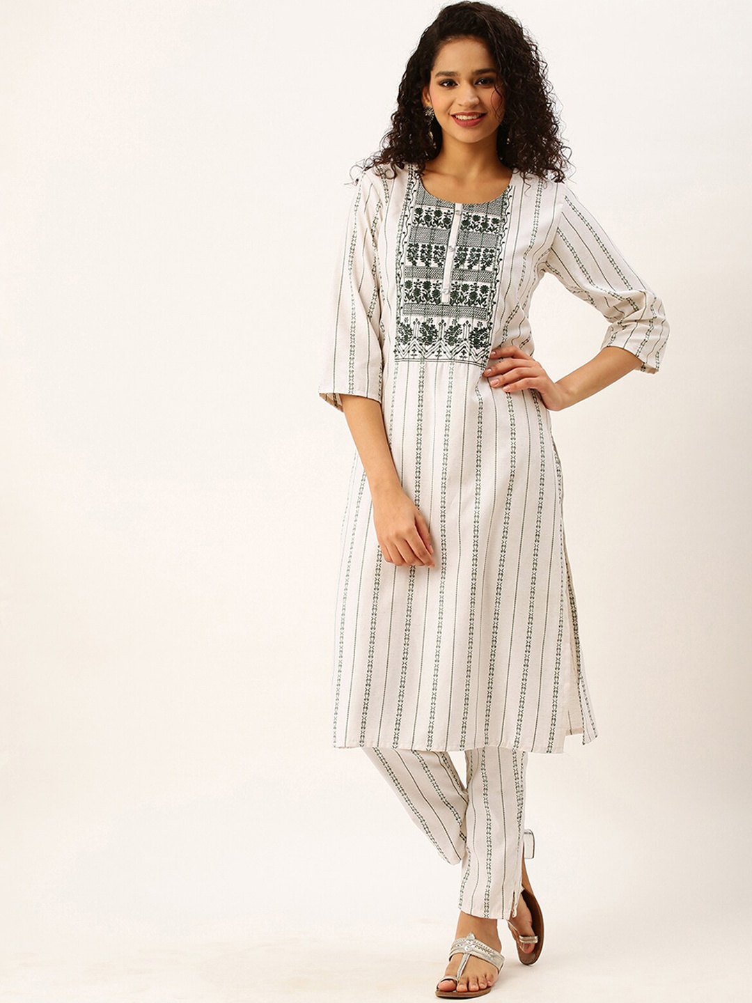 

ODETTE Floral Embroidered Thread Work Kurta with Trousers & Dupatta, White