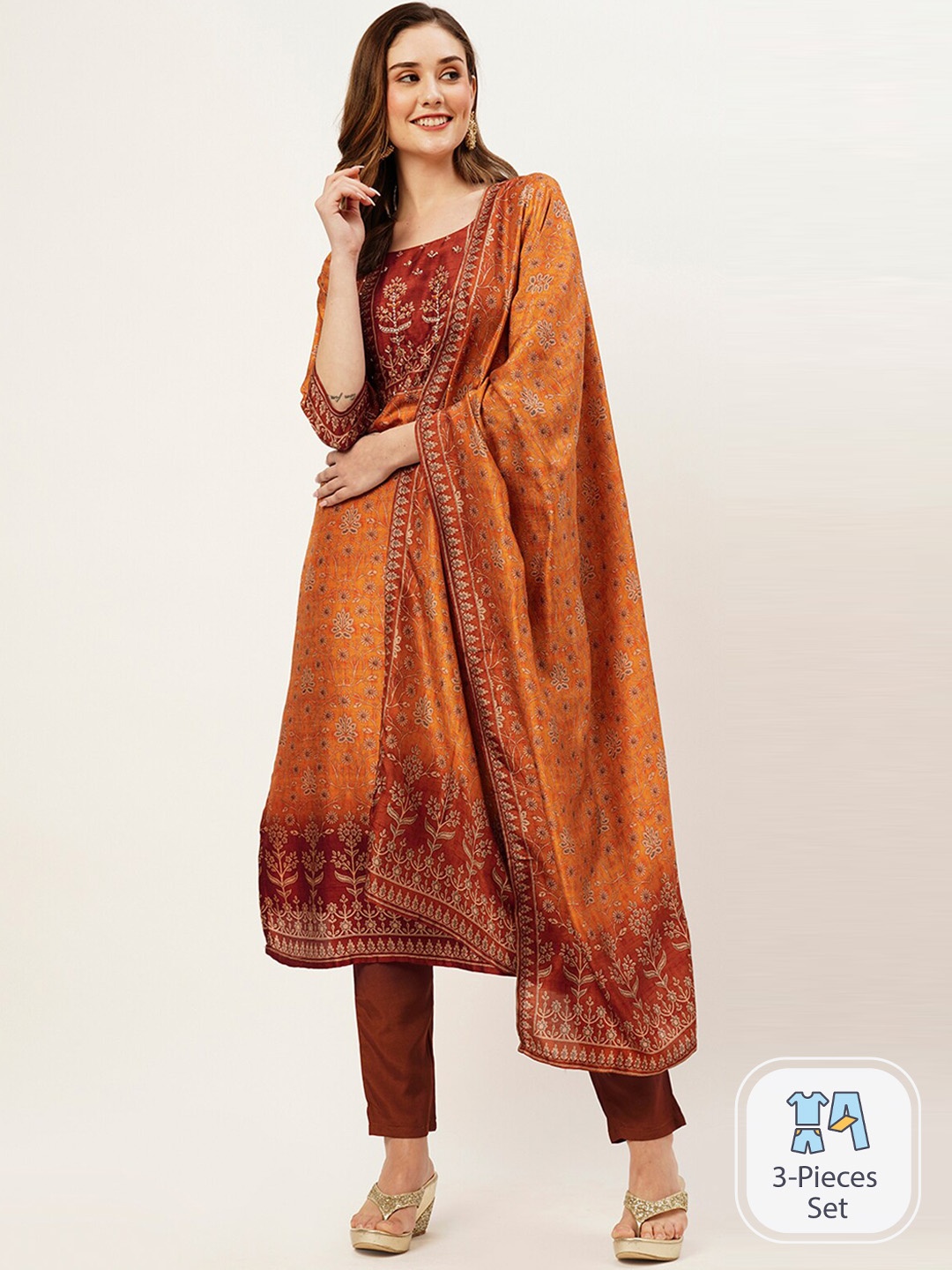

ODETTE Ethnic Motifs Printed Kurta with Trousers & Dupatta, Orange