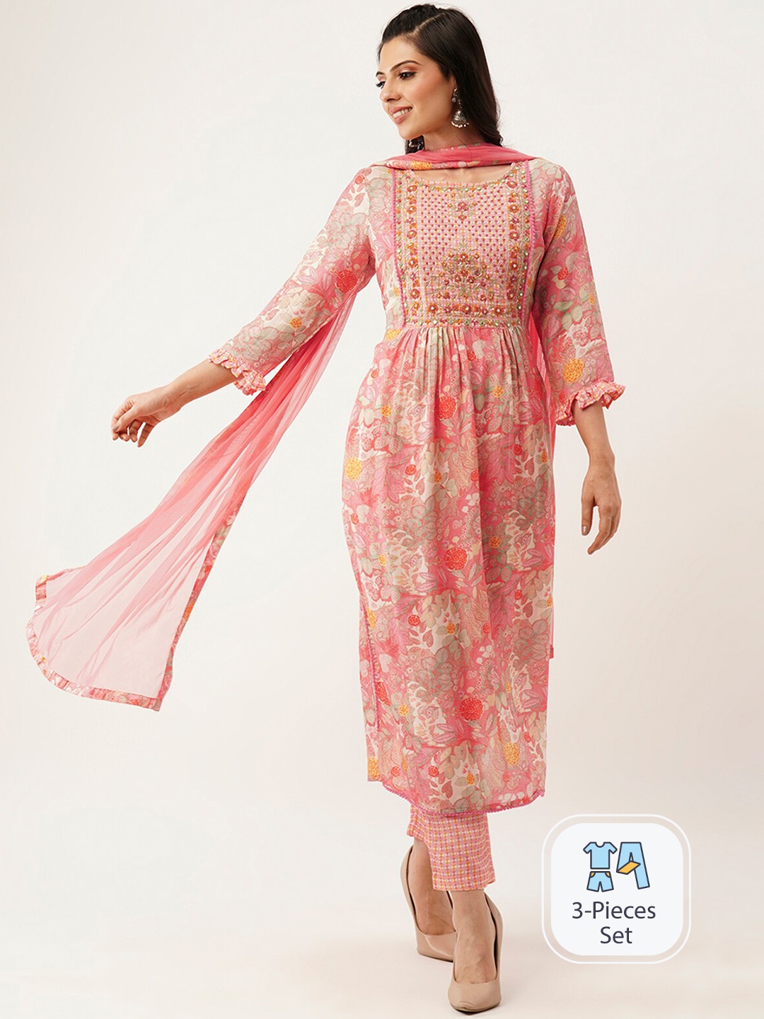 

ODETTE Ethnic Motifs Printed Thread Work Kurta with Trousers & Dupatta, Pink