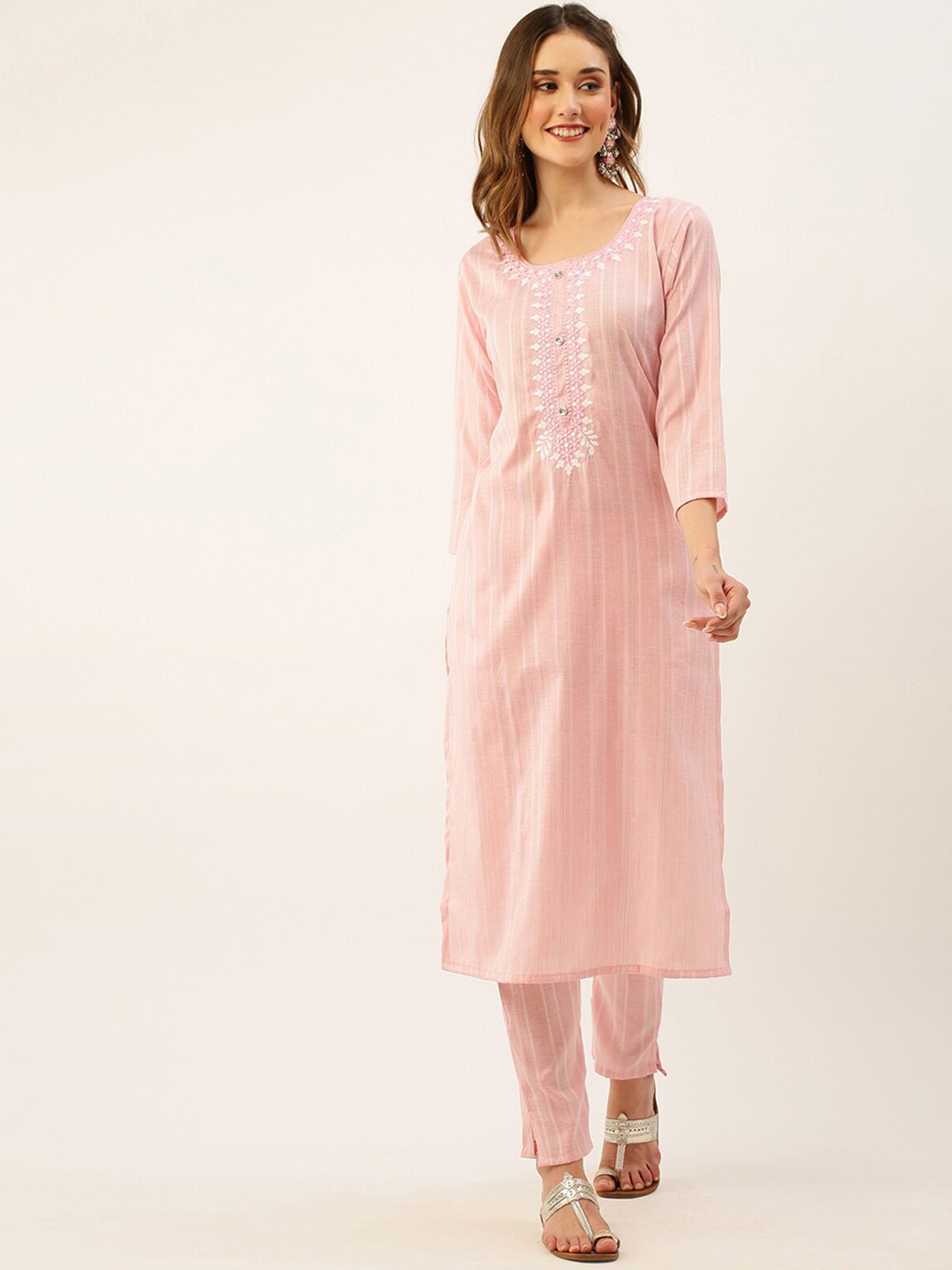 

ODETTE Striped Thread Work Kurta with Trousers, Pink