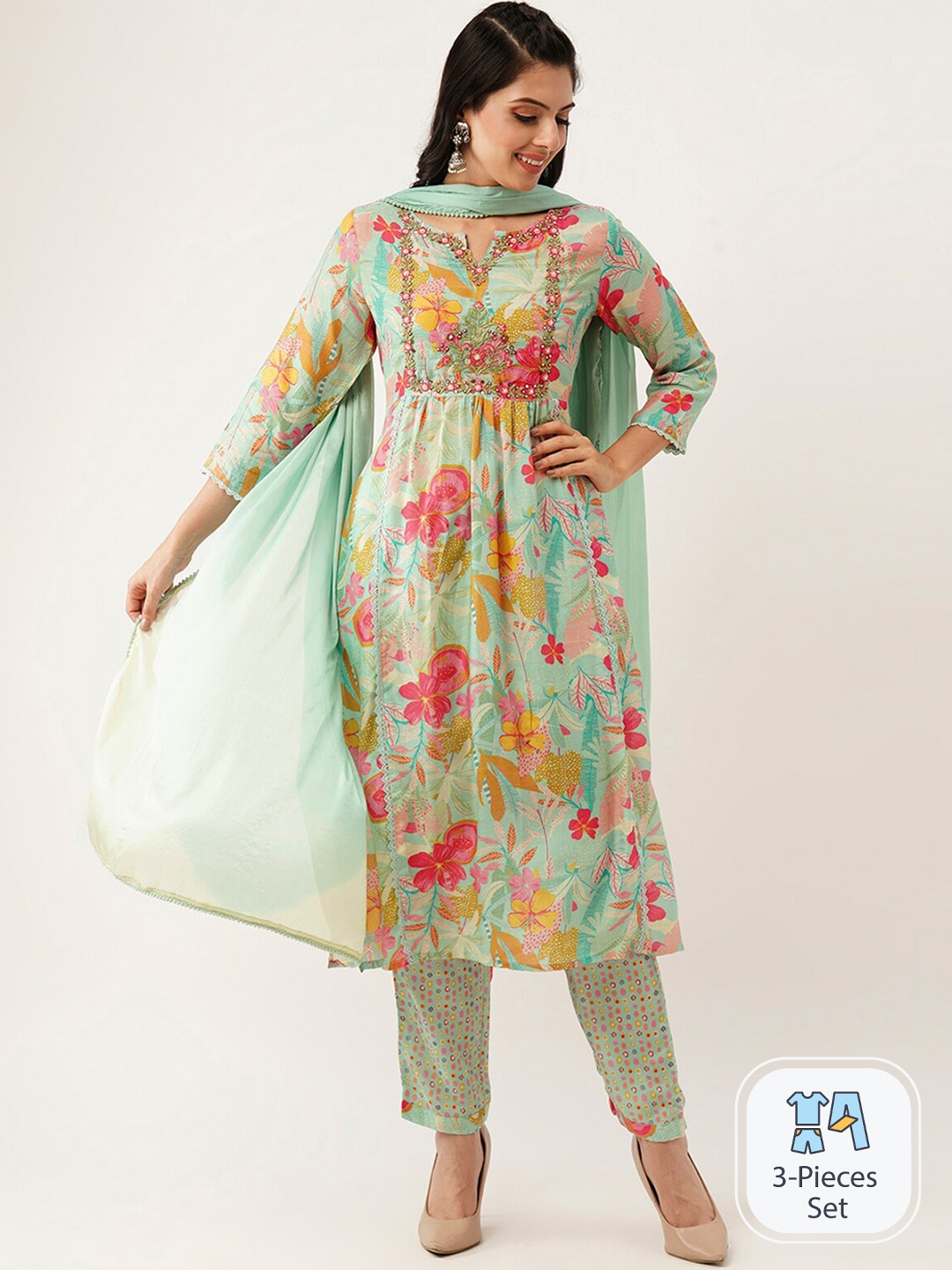 

ODETTE Floral Printed Thread Work Kurta with Trousers & Dupatta, Sea green