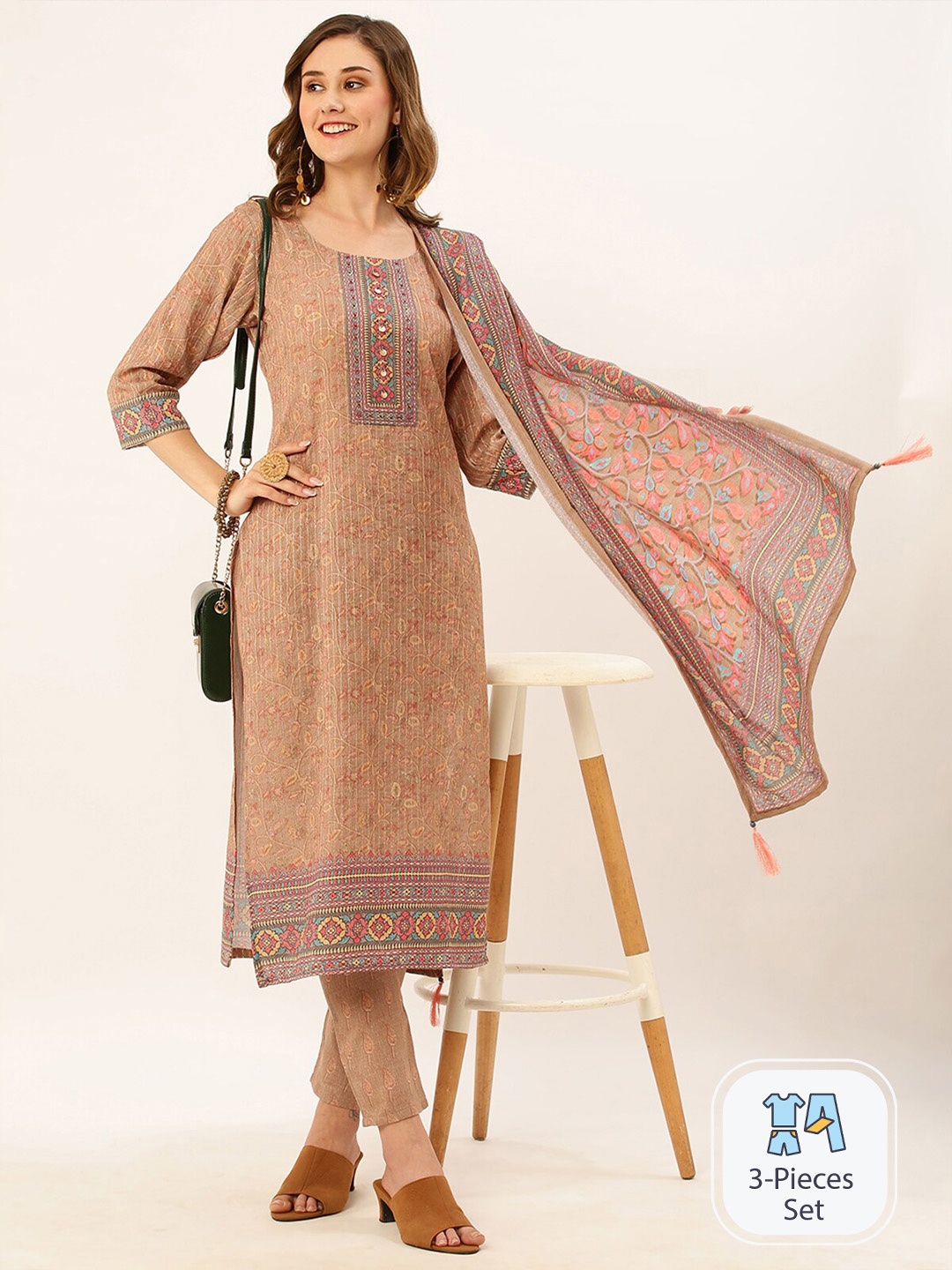 

ODETTE Ethnic Motifs Printed Kurta with Trousers & Dupatta, Beige