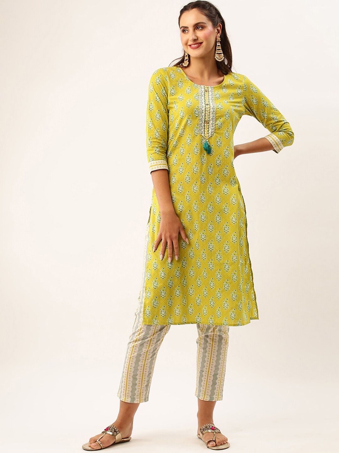 

ODETTE Floral Printed Gotta Patti Kurta with Trousers, Lime green