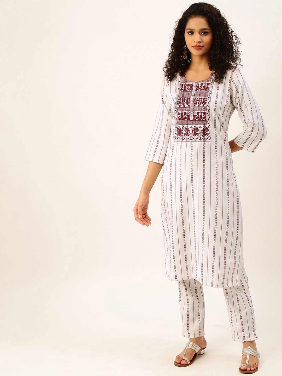 

ODETTE Ethnic Motifs Printed Thread Work Regular Kurta with Trousers, White