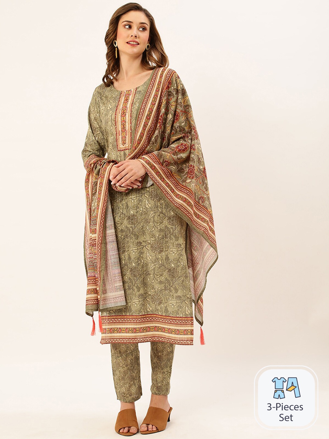 

ODETTE Floral Printed Regular Sequinned Linen Kurta with Trousers & With Dupatta, Olive