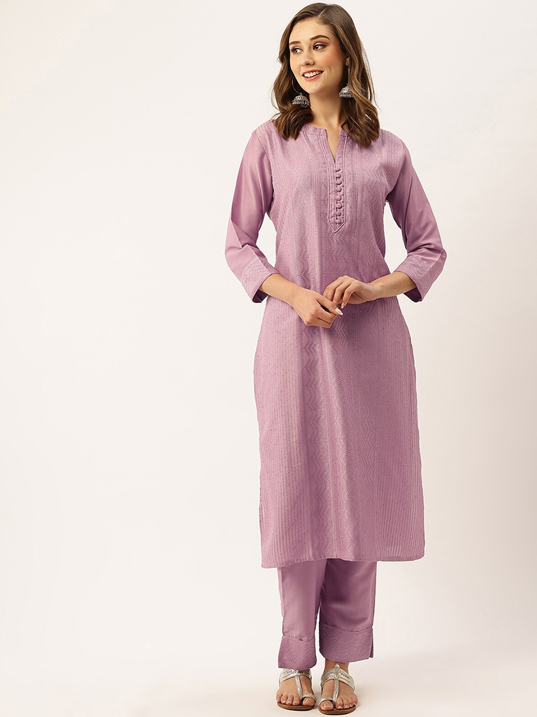 

ODETTE Mandarin Collar Ethnic Motifs Embroidered Regular Thread Work Kurta with Trousers, Purple