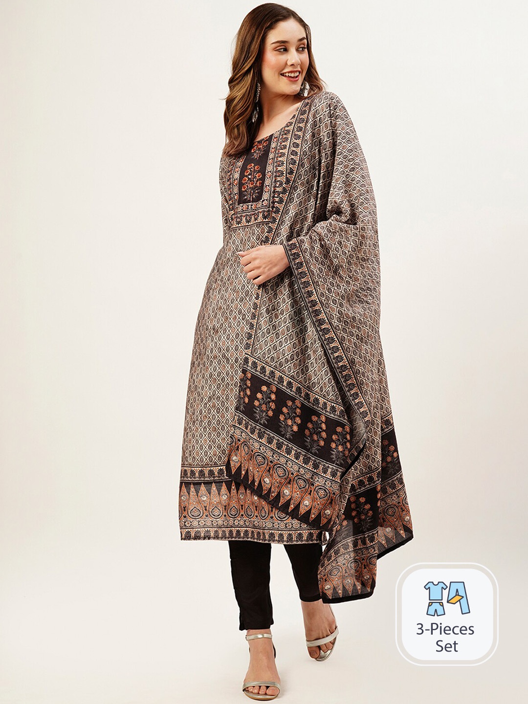 

ODETTE Ethnic Motifs Printed Sequined Straight Kurta with Trousers & Dupatta, Grey